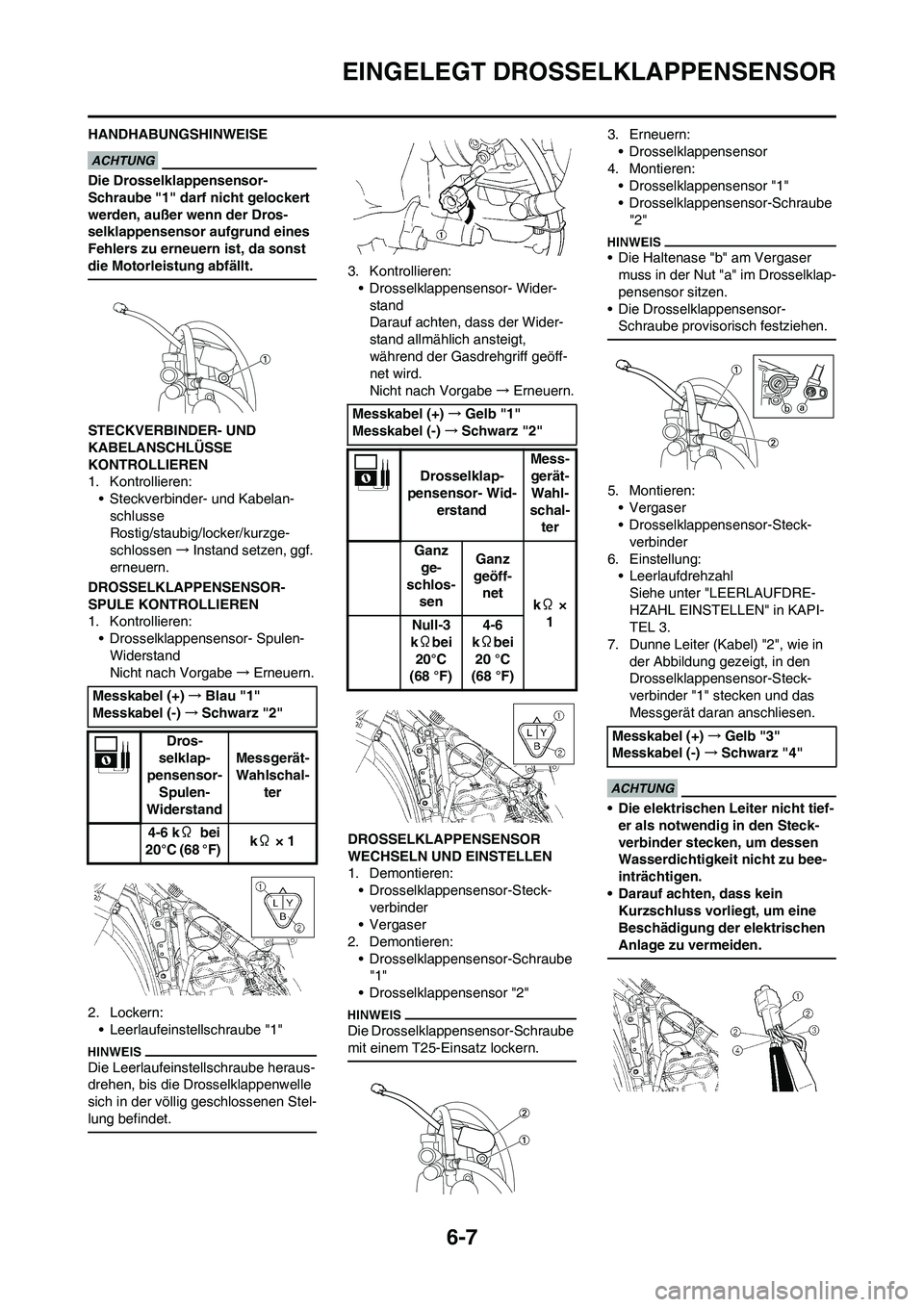 YAMAHA YZ250F 2009 Betriebsanleitungen (in German) 6-7
EINGELEGT DROSSELKLAPPENSENSOR
HANDHABUNGSHINWEISE
Die Drosselklappensensor-
Schraube "1" darf nicht gelockert
werden, außer wenn der Dros-
selklappensensor aufgrund eines
Fehlers zu erneuern i YAMAHA YZ250F 2009 Betriebsanleitungen (in German) 6-7
EINGELEGT DROSSELKLAPPENSENSOR
HANDHABUNGSHINWEISE
Die Drosselklappensensor-
Schraube "1" darf nicht gelockert
werden, außer wenn der Dros-
selklappensensor aufgrund eines
Fehlers zu erneuern i