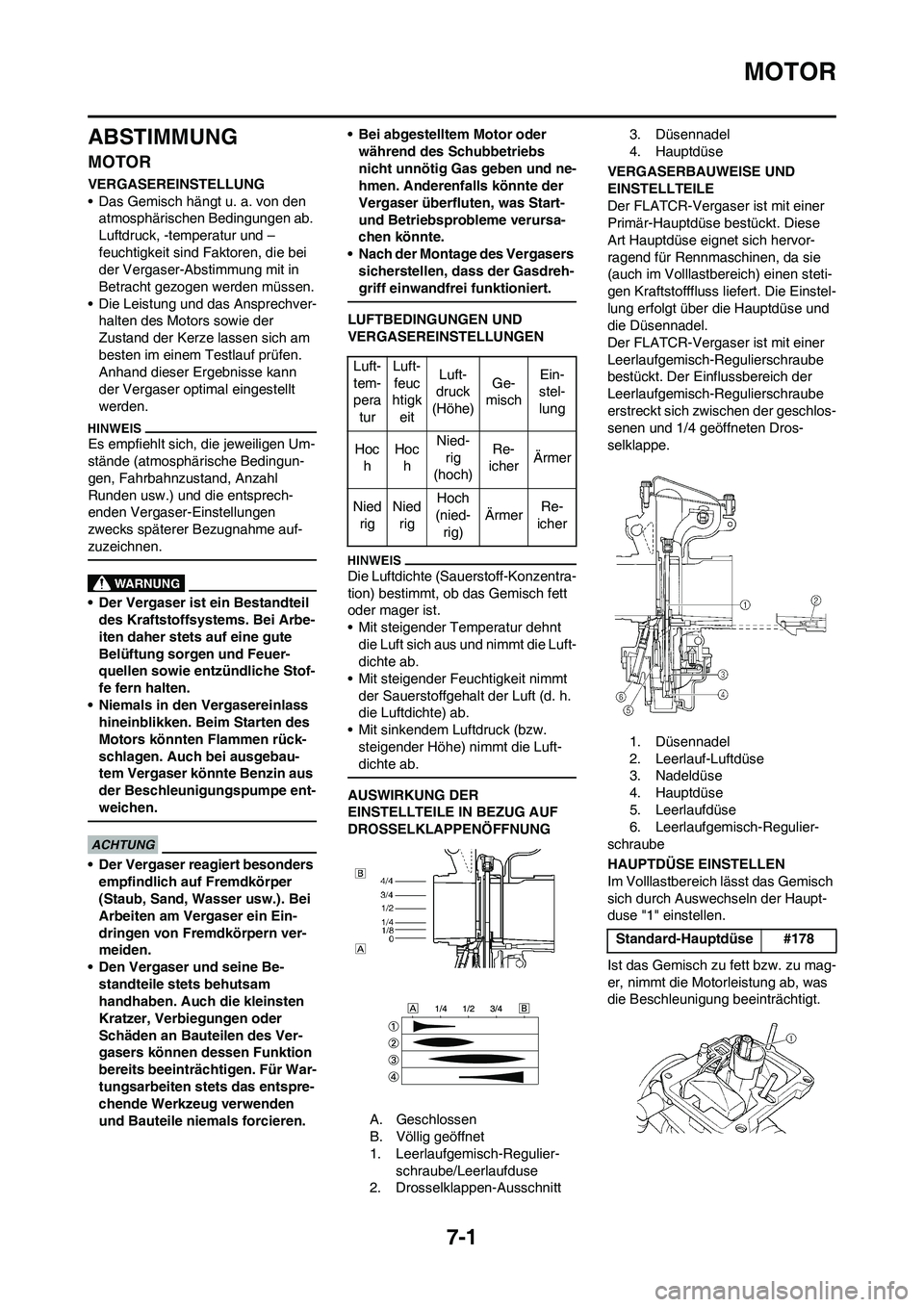 YAMAHA YZ250F 2009 Betriebsanleitungen (in German) 7-1
MOTOR
ABSTIMMUNG
MOTOR
VERGASEREINSTELLUNG
• Das Gemisch hängt u. a. von den
atmosphärischen Bedingungen ab.
Luftdruck, -temperatur und –
feuchtigkeit sind Faktoren, die bei
der Vergaser- YAMAHA YZ250F 2009 Betriebsanleitungen (in German) 7-1
MOTOR
ABSTIMMUNG
MOTOR
VERGASEREINSTELLUNG
• Das Gemisch hängt u. a. von den
atmosphärischen Bedingungen ab.
Luftdruck, -temperatur und –
feuchtigkeit sind Faktoren, die bei
der Vergaser-
