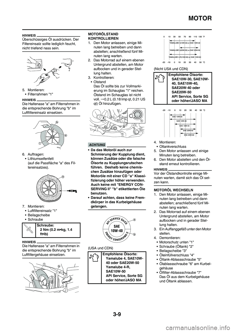 YAMAHA YZ250F 2009 Betriebsanleitungen (in German) 3-9
MOTOR
Überschüssiges Öl ausdrücken. Der
Filtereinsatz sollte lediglich feucht,
nicht triefend nass sein.
5. Montieren:
• Filterrahmen "1"
Die Haltenase "a" am Filterrahmen in
die entsprec YAMAHA YZ250F 2009 Betriebsanleitungen (in German) 3-9
MOTOR
Überschüssiges Öl ausdrücken. Der
Filtereinsatz sollte lediglich feucht,
nicht triefend nass sein.
5. Montieren:
• Filterrahmen "1"
Die Haltenase "a" am Filterrahmen in
die entsprec