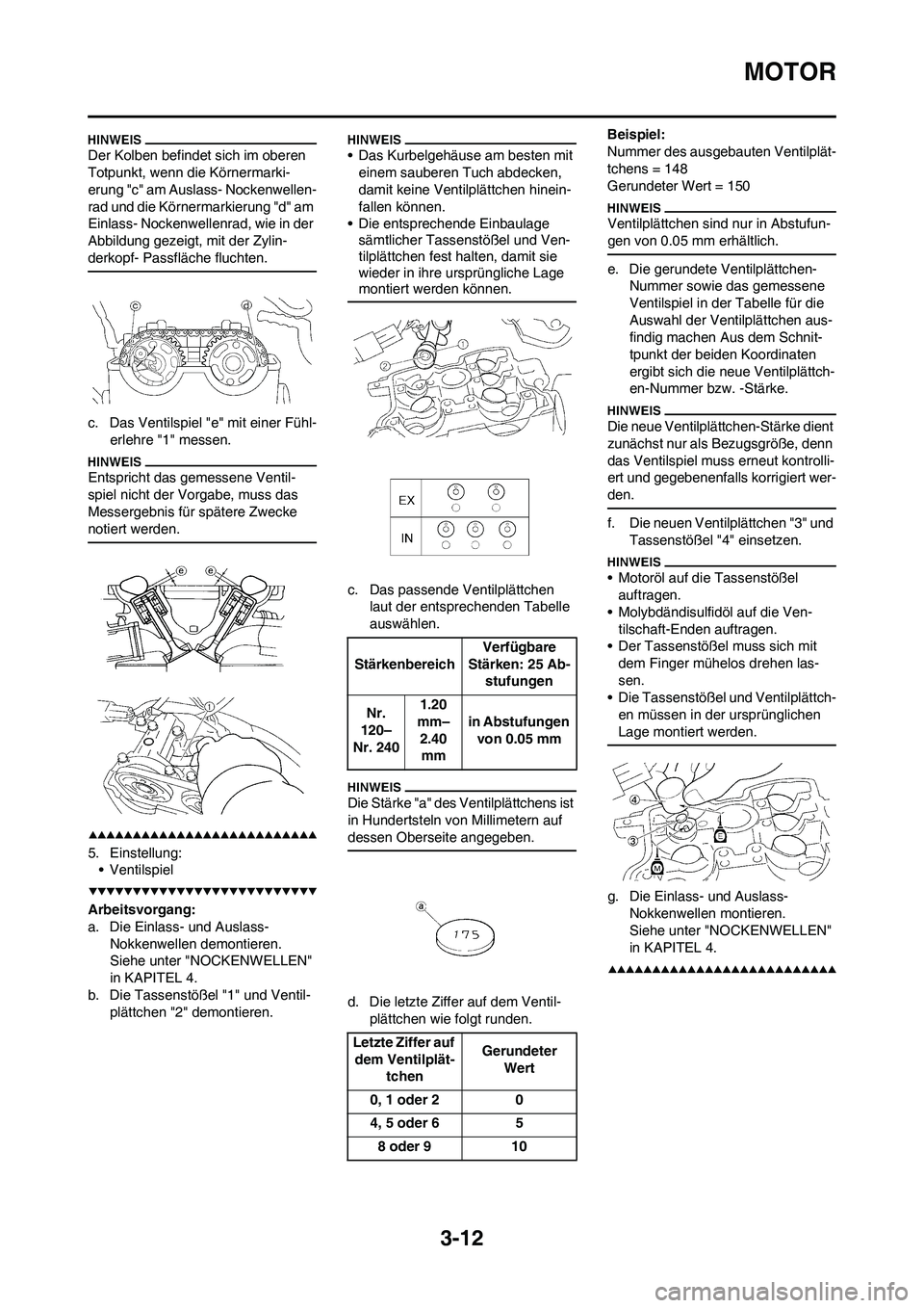 YAMAHA YZ250F 2009 Betriebsanleitungen (in German) 3-12
MOTOR
Der Kolben befindet sich im oberen
Totpunkt, wenn die Körnermarki-
erung "c" am Auslass- Nockenwellen-
rad und die Körnermarkierung "d" am
Einlass- Nockenwellenrad, wie in der
Abbildun YAMAHA YZ250F 2009 Betriebsanleitungen (in German) 3-12
MOTOR
Der Kolben befindet sich im oberen
Totpunkt, wenn die Körnermarki-
erung "c" am Auslass- Nockenwellen-
rad und die Körnermarkierung "d" am
Einlass- Nockenwellenrad, wie in der
Abbildun