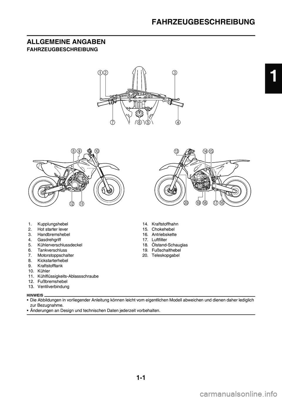 YAMAHA YZ250F 2009  Betriebsanleitungen (in German) 1-1
FAHRZEUGBESCHREIBUNG
ALLGEMEINE ANGABEN
FAHRZEUGBESCHREIBUNG
• Die Abbildungen in vorliegender Anleitung können leicht vom eigentlichen Modell abweichen und dienen daher lediglich 
zur Bezugnah