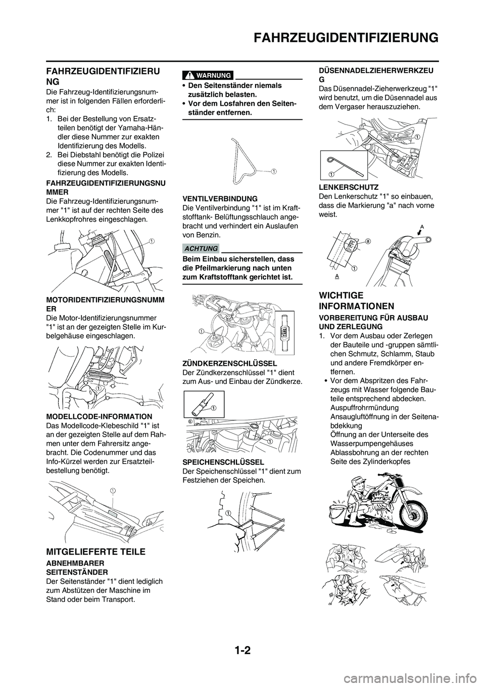 YAMAHA YZ250F 2009 Betriebsanleitungen (in German) 1-2
FAHRZEUGIDENTIFIZIERUNG
FAHRZEUGIDENTIFIZIERU
NG
Die Fahrzeug-Identifizierungsnum-
mer ist in folgenden Fällen erforderli-
ch:
1. Bei der Bestellung von Ersatz-
teilen benötigt der Yamaha-Hän-
YAMAHA YZ250F 2009 Betriebsanleitungen (in German) 1-2
FAHRZEUGIDENTIFIZIERUNG
FAHRZEUGIDENTIFIZIERU
NG
Die Fahrzeug-Identifizierungsnum-
mer ist in folgenden Fällen erforderli-
ch:
1. Bei der Bestellung von Ersatz-
teilen benötigt der Yamaha-Hän-