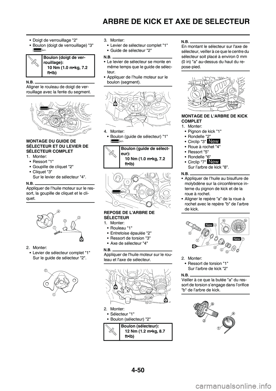 YAMAHA YZ250F 2009  Notices Demploi (in French) 4-50
ARBRE DE KICK ET AXE DE SELECTEUR
• Doigt de verrouillage "2"
• Boulon (doigt de verrouillage) "3" 
Aligner le rouleau de doigt de ver-
rouillage avec la fente du segment.
MONTAGE DU GUIDE DE