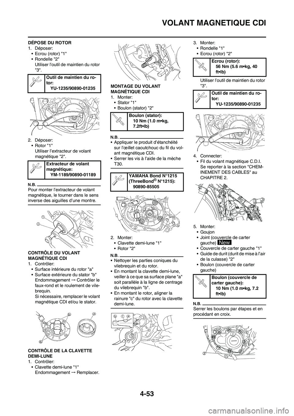 YAMAHA YZ250F 2009  Notices Demploi (in French) 4-53
VOLANT MAGNETIQUE CDI
DÉPOSE DU ROTOR
1. Déposer:
• Ecrou (rotor) "1"
• Rondelle "2"
Utiliser l’outil de maintien du rotor 
"3".
2. Déposer:
• Rotor "1"
Utiliser l’extracteur de vola
