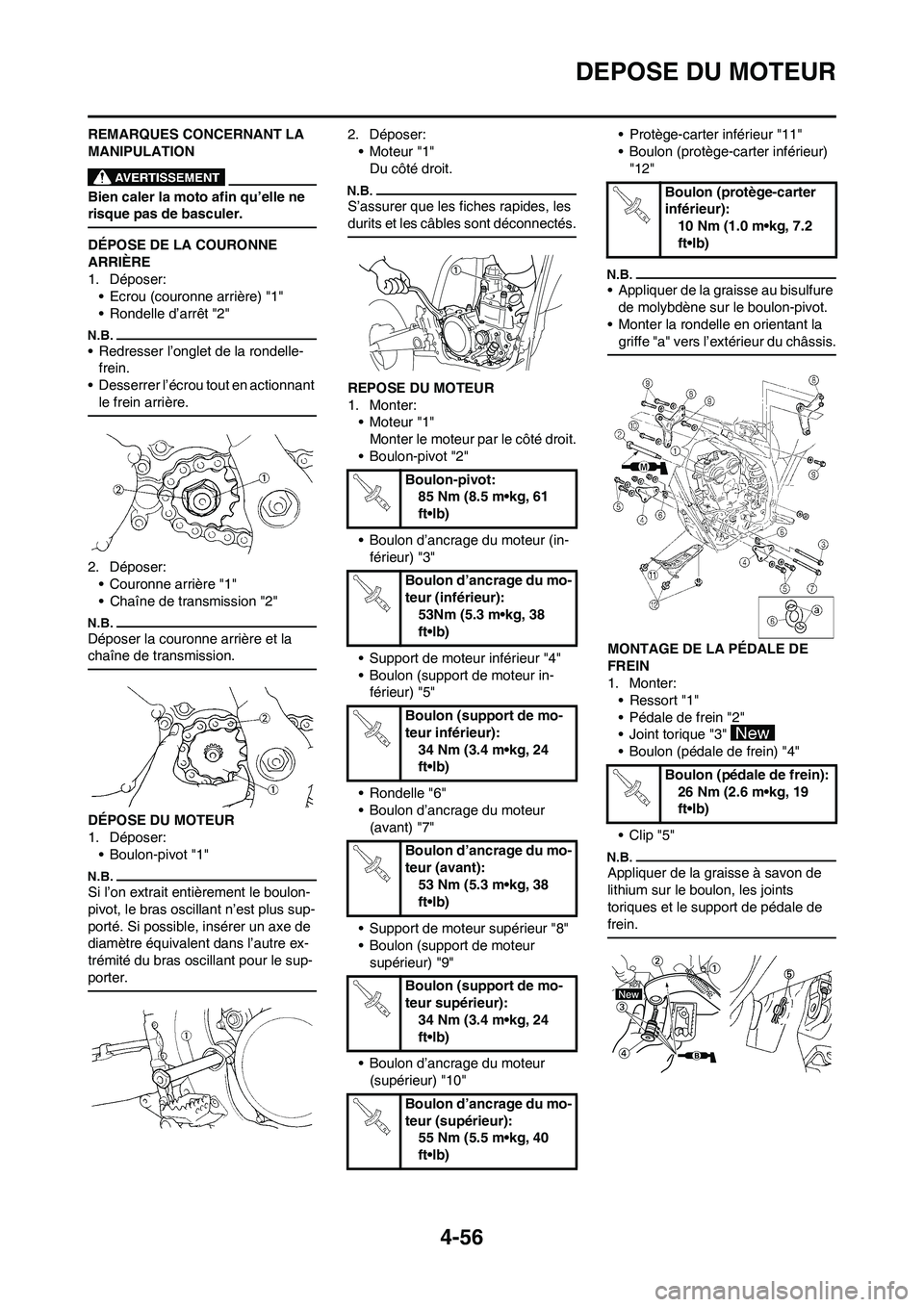YAMAHA YZ250F 2009  Notices Demploi (in French) 4-56
DEPOSE DU MOTEUR
REMARQUES CONCERNANT LA 
MANIPULATION
Bien caler la moto afin qu’elle ne 
risque pas de basculer.
DÉPOSE DE LA COURONNE 
ARRIÈRE
1. Déposer:
• Ecrou (couronne arrière) "1