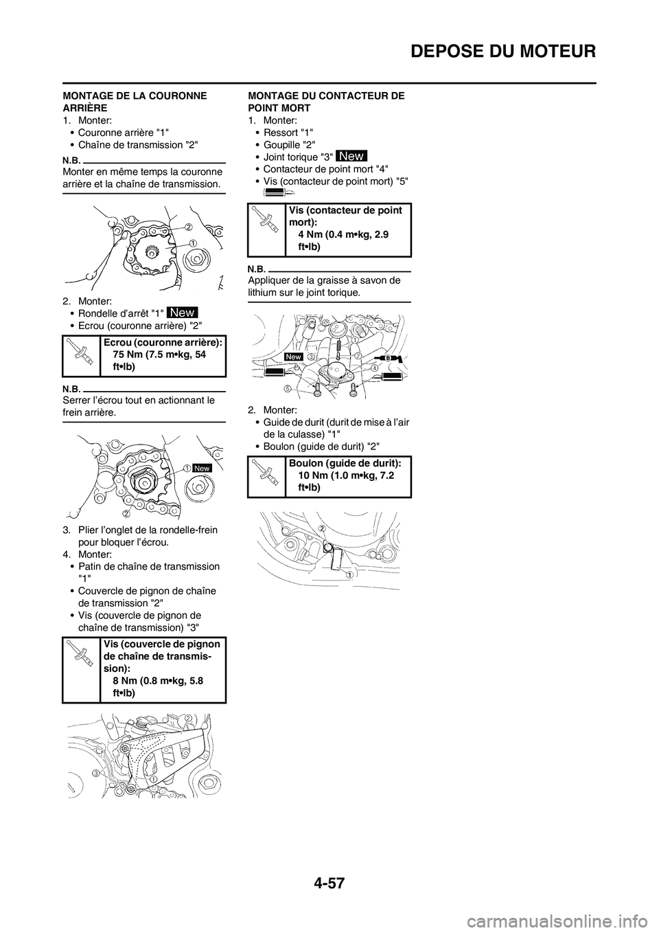 YAMAHA YZ250F 2009  Notices Demploi (in French) 4-57
DEPOSE DU MOTEUR
MONTAGE DE LA COURONNE 
ARRIÈRE
1. Monter:
• Couronne arrière "1"
• Chaîne de transmission "2"
Monter en même temps la couronne 
arrière et la chaîne de transmission.
2