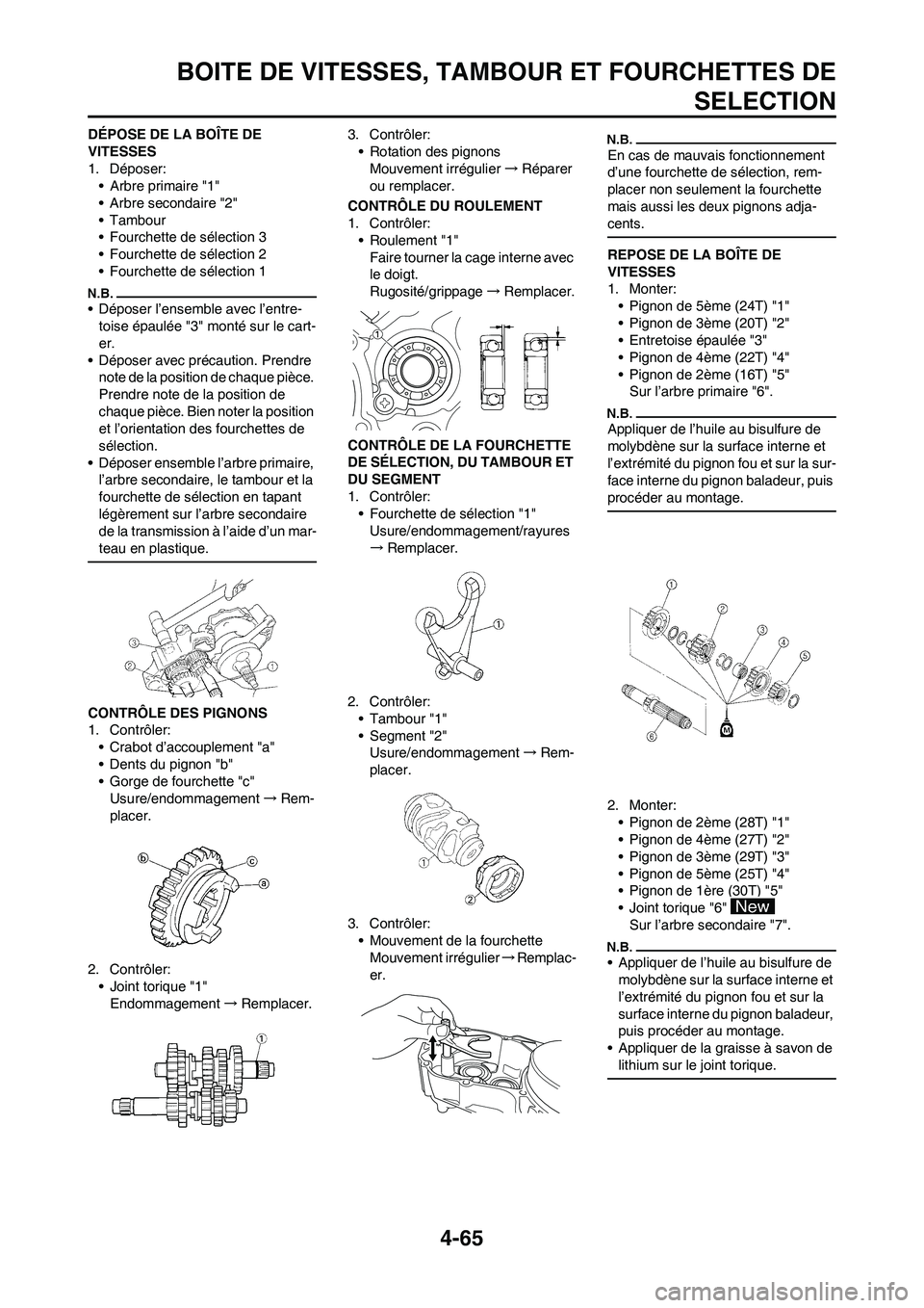 YAMAHA YZ250F 2009 Notices Demploi (in French) 4-65
BOITE DE VITESSES, TAMBOUR ET FOURCHETTES DE
SELECTION
DÉPOSE DE LA BOÎTE DE
VITESSES
1. Déposer:
• Arbre primaire "1"
• Arbre secondaire "2"
• Tambour
• Fourchette de sélection 3
†YAMAHA YZ250F 2009 Notices Demploi (in French) 4-65
BOITE DE VITESSES, TAMBOUR ET FOURCHETTES DE
SELECTION
DÉPOSE DE LA BOÎTE DE
VITESSES
1. Déposer:
• Arbre primaire "1"
• Arbre secondaire "2"
• Tambour
• Fourchette de sélection 3
â€