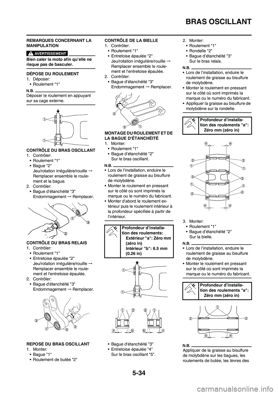 YAMAHA YZ250F 2009 Notices Demploi (in French) 5-34
BRAS OSCILLANT
REMARQUES CONCERNANT LA
MANIPULATION
Bien caler la moto afin qu’elle ne
risque pas de basculer.
DÉPOSE DU ROULEMENT
1. Déposer:
• Roulement "1"
Déposer le roulement en app YAMAHA YZ250F 2009 Notices Demploi (in French) 5-34
BRAS OSCILLANT
REMARQUES CONCERNANT LA
MANIPULATION
Bien caler la moto afin qu’elle ne
risque pas de basculer.
DÉPOSE DU ROULEMENT
1. Déposer:
• Roulement "1"
Déposer le roulement en app