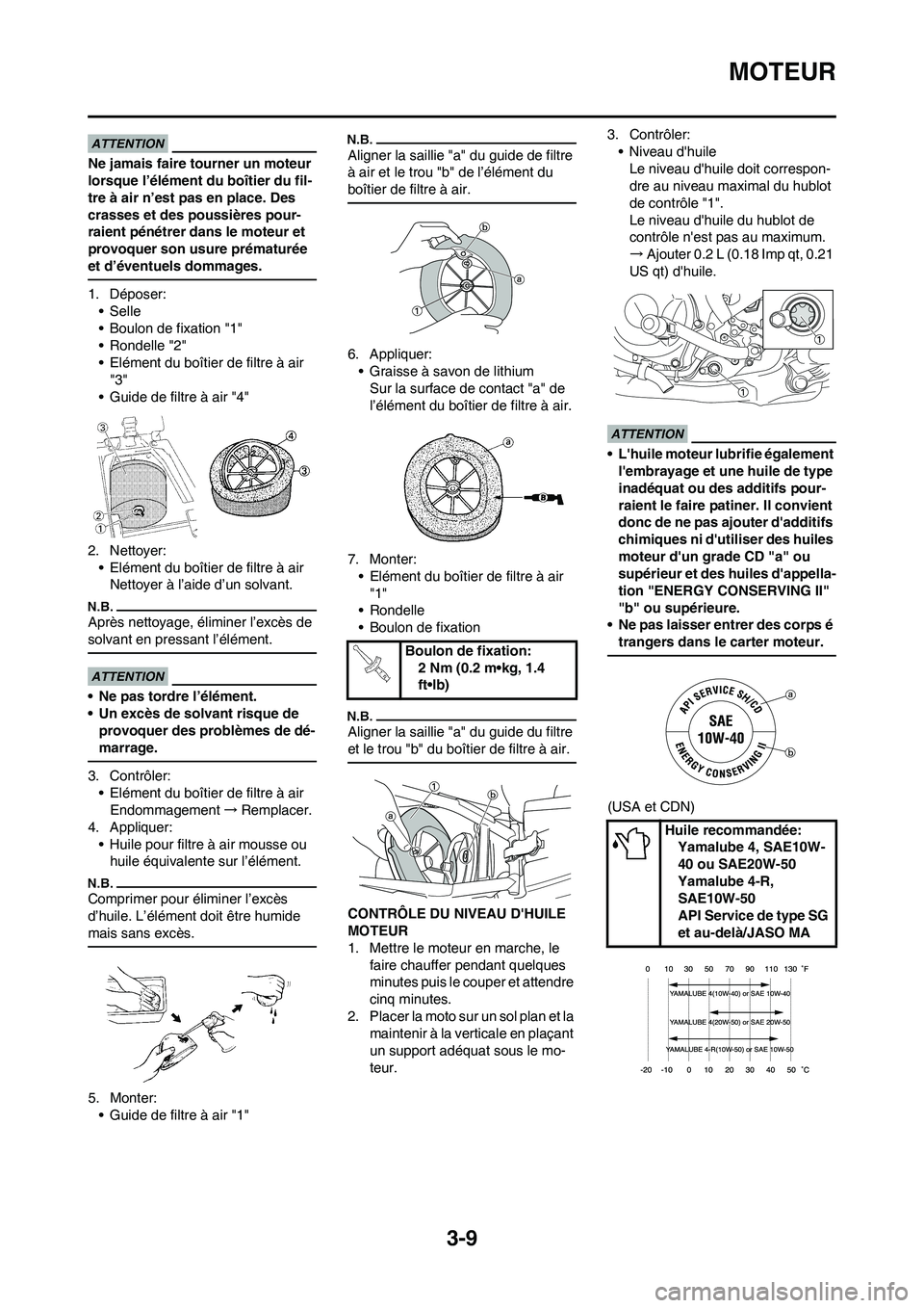 YAMAHA YZ250F 2009 Notices Demploi (in French) 3-9
MOTEUR
Ne jamais faire tourner un moteur
lorsque l’élément du boîtier du fil-
tre à air n’est pas en place. Des
crasses et des poussières pour-
raient pénétrer dans le moteur et
prov YAMAHA YZ250F 2009 Notices Demploi (in French) 3-9
MOTEUR
Ne jamais faire tourner un moteur
lorsque l’élément du boîtier du fil-
tre à air n’est pas en place. Des
crasses et des poussières pour-
raient pénétrer dans le moteur et
prov