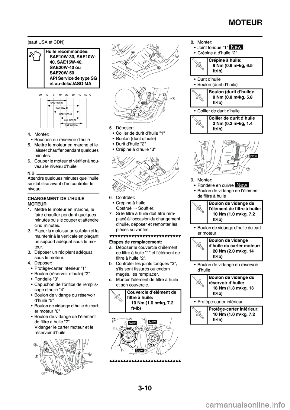 YAMAHA YZ250F 2009 Notices Demploi (in French) 3-10
MOTEUR
(sauf USA et CDN)
4. Monter:
• Bouchon du réservoir dhuile
5. Mettre le moteur en marche et le
laisser chauffer pendant quelques
minutes.
6. Couper le moteur et vérifier à nou-
vea YAMAHA YZ250F 2009 Notices Demploi (in French) 3-10
MOTEUR
(sauf USA et CDN)
4. Monter:
• Bouchon du réservoir dhuile
5. Mettre le moteur en marche et le
laisser chauffer pendant quelques
minutes.
6. Couper le moteur et vérifier à nou-
vea