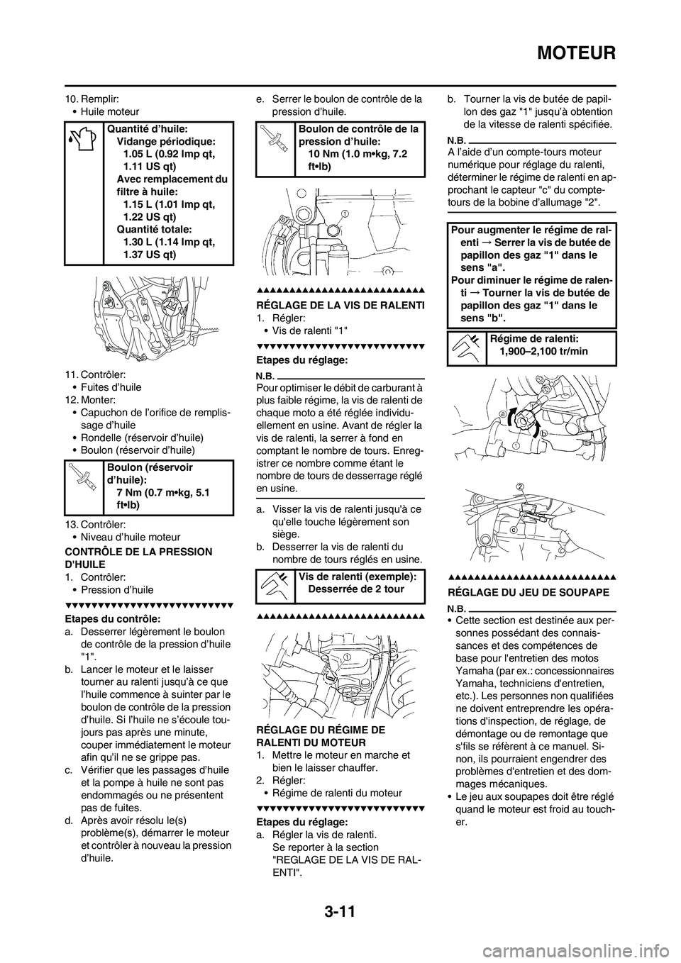 YAMAHA YZ250F 2009 Notices Demploi (in French) 3-11
MOTEUR
10. Remplir:
• Huile moteur
11. Contrôler:
• Fuites d’huile
12. Monter:
• Capuchon de l’orifice de remplis-
sage d’huile
• Rondelle (réservoir d’huile)
• Boulon (réser YAMAHA YZ250F 2009 Notices Demploi (in French) 3-11
MOTEUR
10. Remplir:
• Huile moteur
11. Contrôler:
• Fuites d’huile
12. Monter:
• Capuchon de l’orifice de remplis-
sage d’huile
• Rondelle (réservoir d’huile)
• Boulon (réser
