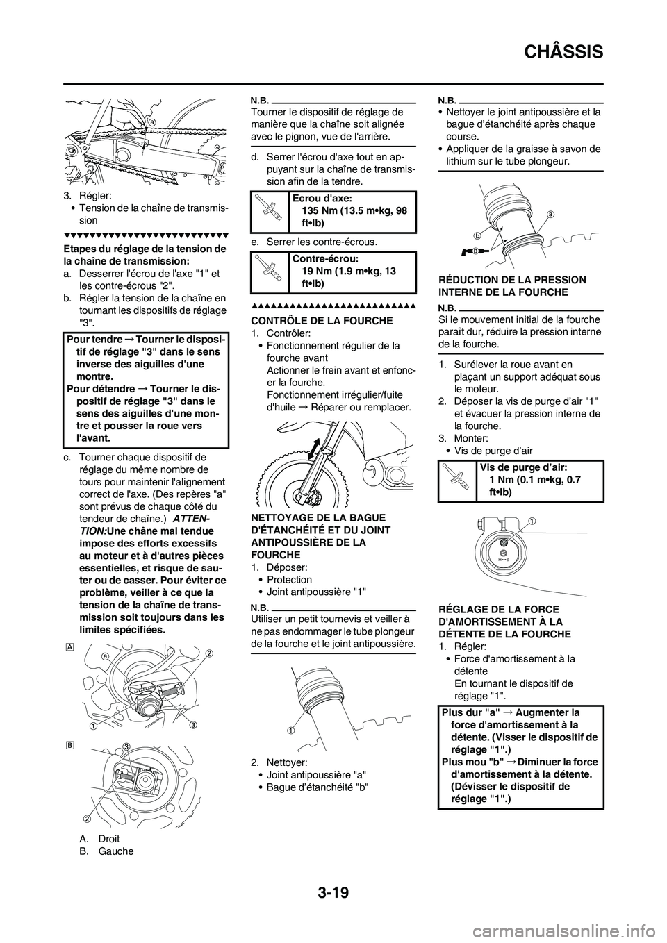YAMAHA YZ250F 2009 Notices Demploi (in French) 3-19
CHÂSSIS
3. Régler:
• Tension de la chaîne de transmis-
sion
Etapes du réglage de la tension de
la chaîne de transmission:
a. Desserrer lécrou de laxe "1" et
les contre-écrous "2".
b. YAMAHA YZ250F 2009 Notices Demploi (in French) 3-19
CHÂSSIS
3. Régler:
• Tension de la chaîne de transmis-
sion
Etapes du réglage de la tension de
la chaîne de transmission:
a. Desserrer lécrou de laxe "1" et
les contre-écrous "2".
b.