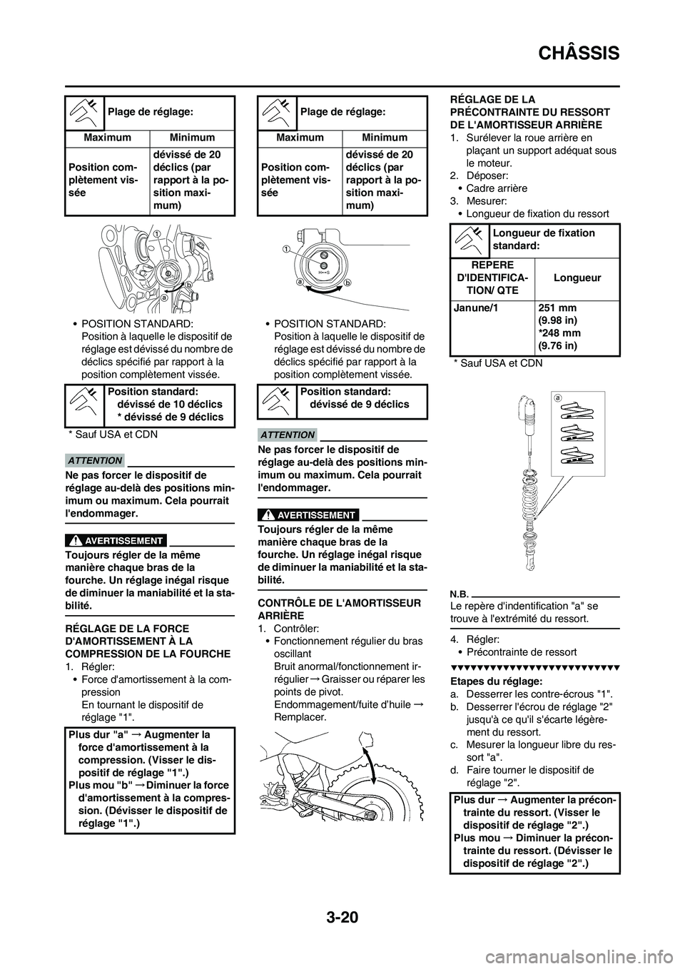 YAMAHA YZ250F 2009 Notices Demploi (in French) 3-20
CHÂSSIS
• POSITION STANDARD:
Position à laquelle le dispositif de
réglage est dévissé du nombre de
déclics spécifié par rapport à la
position complètement vissée.
Ne pas forcer le YAMAHA YZ250F 2009 Notices Demploi (in French) 3-20
CHÂSSIS
• POSITION STANDARD:
Position à laquelle le dispositif de
réglage est dévissé du nombre de
déclics spécifié par rapport à la
position complètement vissée.
Ne pas forcer le