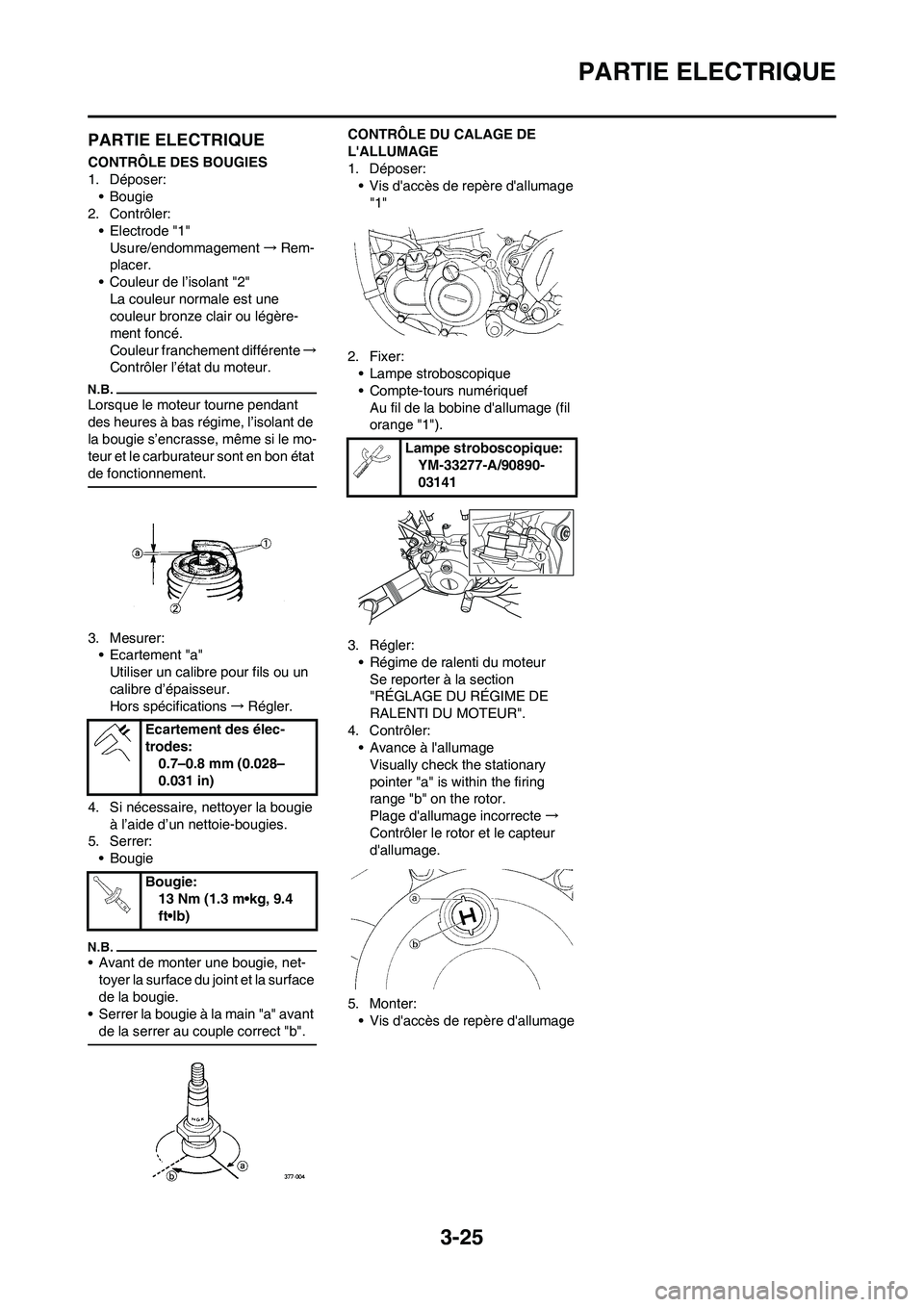 YAMAHA YZ250F 2009 Notices Demploi (in French) 3-25
PARTIE ELECTRIQUE
PARTIE ELECTRIQUE
CONTRÔLE DES BOUGIES
1. Déposer:
• Bougie
2. Contrôler:
• Electrode "1"
Usure/endommagement→Rem-
placer.
• Couleur de l’isolant "2"
La couleur nor YAMAHA YZ250F 2009 Notices Demploi (in French) 3-25
PARTIE ELECTRIQUE
PARTIE ELECTRIQUE
CONTRÔLE DES BOUGIES
1. Déposer:
• Bougie
2. Contrôler:
• Electrode "1"
Usure/endommagement→Rem-
placer.
• Couleur de l’isolant "2"
La couleur nor