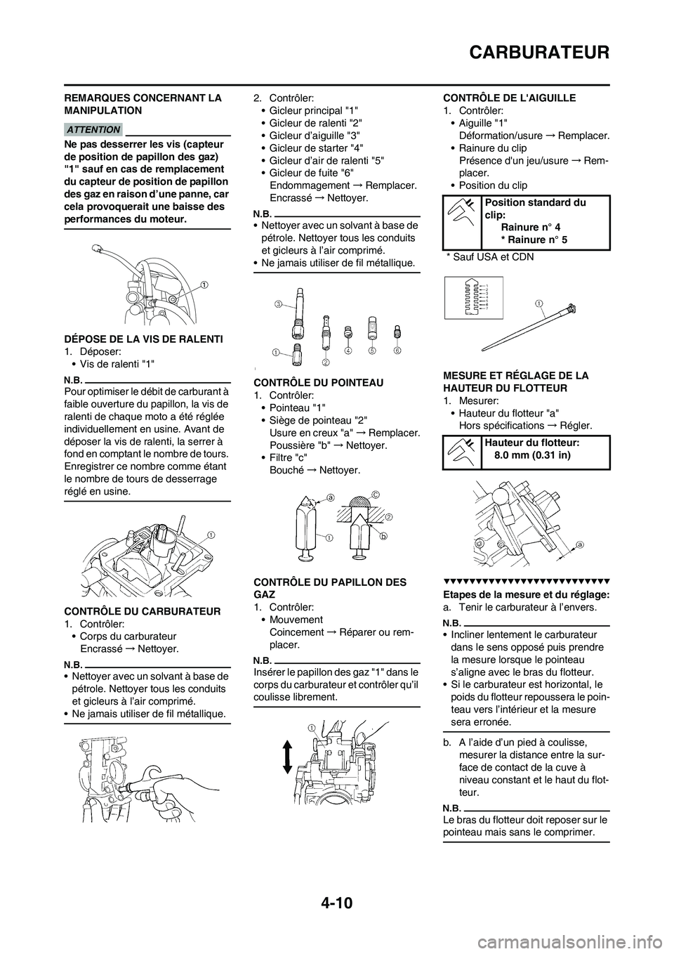 YAMAHA YZ250F 2009 Notices Demploi (in French) 4-10
CARBURATEUR
REMARQUES CONCERNANT LA
MANIPULATION
Ne pas desserrer les vis (capteur
de position de papillon des gaz)
"1" sauf en cas de remplacement
du capteur de position de papillon
des gaz YAMAHA YZ250F 2009 Notices Demploi (in French) 4-10
CARBURATEUR
REMARQUES CONCERNANT LA
MANIPULATION
Ne pas desserrer les vis (capteur
de position de papillon des gaz)
"1" sauf en cas de remplacement
du capteur de position de papillon
des gaz