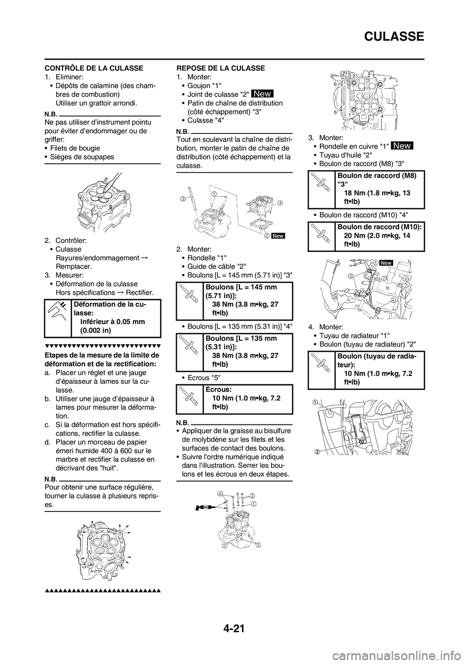 YAMAHA YZ250F 2009 Notices Demploi (in French) 4-21
CULASSE
CONTRÔLE DE LA CULASSE
1. Eliminer:
• Dépôts de calamine (des cham-
bres de combustion)
Utiliser un grattoir arrondi.
Ne pas utiliser d’instrument pointu
pour éviter d’endommag YAMAHA YZ250F 2009 Notices Demploi (in French) 4-21
CULASSE
CONTRÔLE DE LA CULASSE
1. Eliminer:
• Dépôts de calamine (des cham-
bres de combustion)
Utiliser un grattoir arrondi.
Ne pas utiliser d’instrument pointu
pour éviter d’endommag