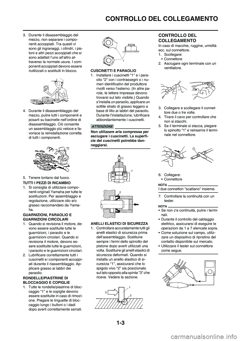 YAMAHA YZ250F 2009  Manuale duso (in Italian) 1-3
CONTROLLO DEL COLLEGAMENTO
3. Durante il disassemblaggio del 
mezzo, non separare i compo-
nenti accoppiati. Tra questi vi 
sono gli ingranaggi, i cilindri, i pis-
toni e altri pezzi accoppiati ch