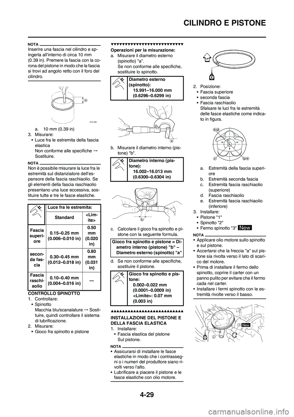 YAMAHA YZ250F 2009 Manuale duso (in Italian) 4-29
CILINDRO E PISTONE
Inserire una fascia nel cilindro e sp-
ingerla all’interno di circa 10 mm
(0.39 in). Premere la fascia con la co-
rona del pistone in modo che la fascia
si trovi ad angolo YAMAHA YZ250F 2009 Manuale duso (in Italian) 4-29
CILINDRO E PISTONE
Inserire una fascia nel cilindro e sp-
ingerla all’interno di circa 10 mm
(0.39 in). Premere la fascia con la co-
rona del pistone in modo che la fascia
si trovi ad angolo