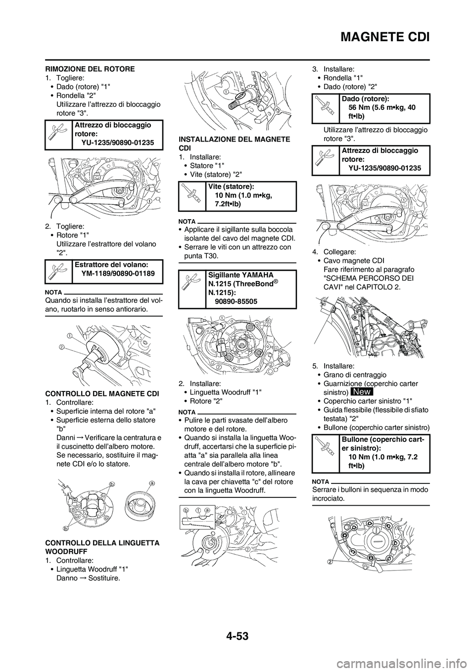 YAMAHA YZ250F 2009 Manuale duso (in Italian) 4-53
MAGNETE CDI
RIMOZIONE DEL ROTORE
1. Togliere:
• Dado (rotore) "1"
• Rondella "2"
Utilizzare l’attrezzo di bloccaggio
rotore "3".
2. Togliere:
• Rotore "1"
Utilizzare l’estrattore del v YAMAHA YZ250F 2009 Manuale duso (in Italian) 4-53
MAGNETE CDI
RIMOZIONE DEL ROTORE
1. Togliere:
• Dado (rotore) "1"
• Rondella "2"
Utilizzare l’attrezzo di bloccaggio
rotore "3".
2. Togliere:
• Rotore "1"
Utilizzare l’estrattore del v