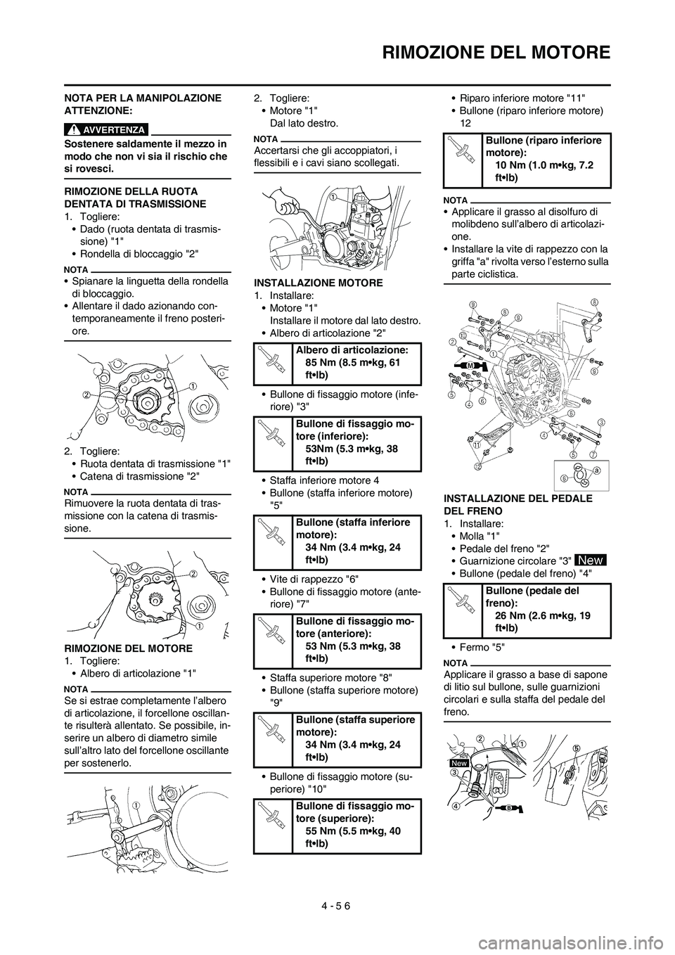 YAMAHA YZ250F 2009 Manuale duso (in Italian) 4-56
RIMOZIONE DEL MOTORE
NOTA PER LA MANIPOLAZIONE
ATTENZIONE:
Sostenere saldamente il mezzo in
modo che non vi sia il rischio che
si rovesci.
RIMOZIONE DELLA RUOTA
DENTATA DI TRASMISSIONE
1. Tog YAMAHA YZ250F 2009 Manuale duso (in Italian) 4-56
RIMOZIONE DEL MOTORE
NOTA PER LA MANIPOLAZIONE
ATTENZIONE:
Sostenere saldamente il mezzo in
modo che non vi sia il rischio che
si rovesci.
RIMOZIONE DELLA RUOTA
DENTATA DI TRASMISSIONE
1. Tog