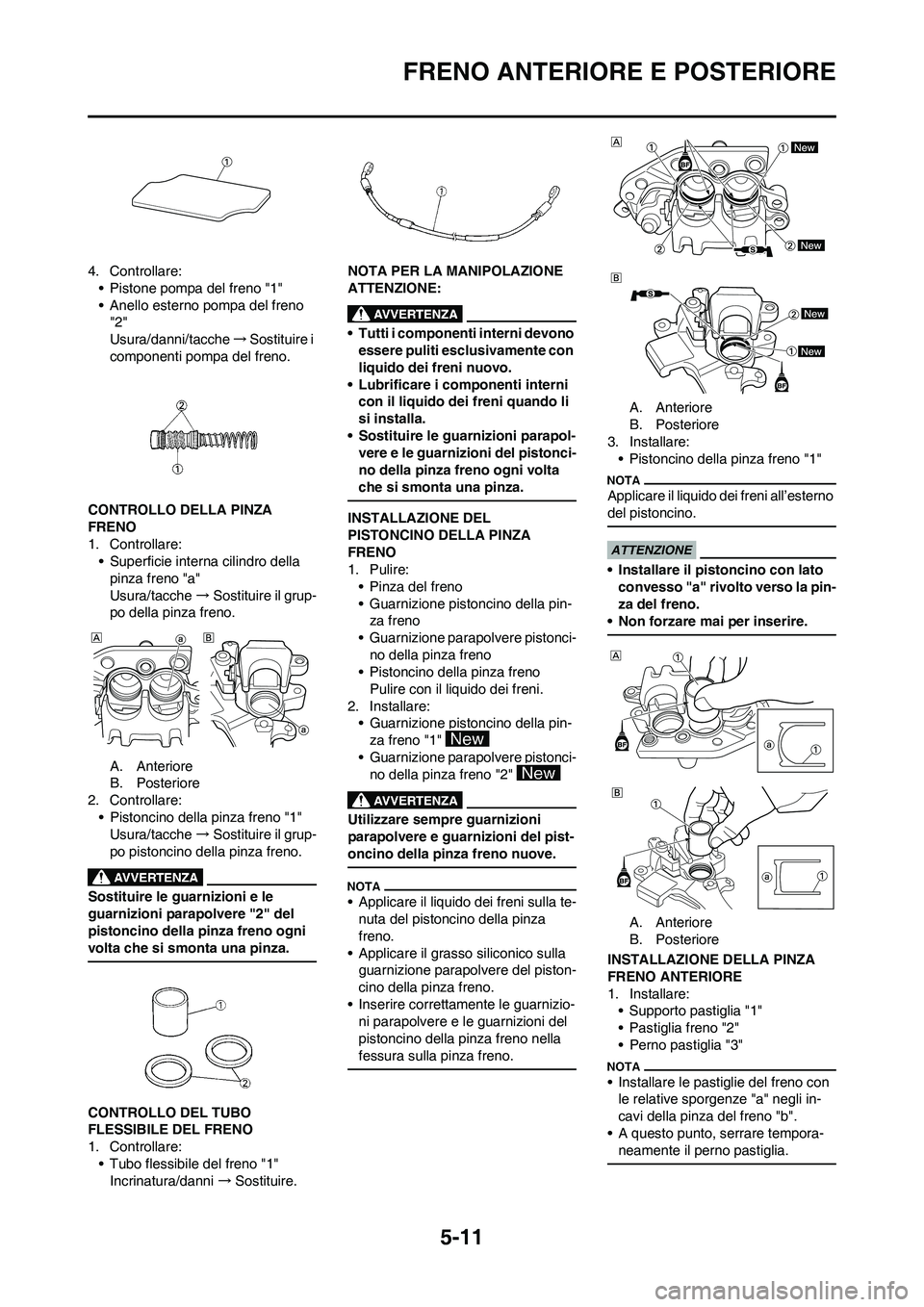 YAMAHA YZ250F 2009 Manuale duso (in Italian) 5-11
FRENO ANTERIORE E POSTERIORE
4. Controllare:
• Pistone pompa del freno "1"
• Anello esterno pompa del freno
"2"
Usura/danni/tacche→Sostituire i
componenti pompa del freno.
CONTROLLO DELLA YAMAHA YZ250F 2009 Manuale duso (in Italian) 5-11
FRENO ANTERIORE E POSTERIORE
4. Controllare:
• Pistone pompa del freno "1"
• Anello esterno pompa del freno
"2"
Usura/danni/tacche→Sostituire i
componenti pompa del freno.
CONTROLLO DELLA