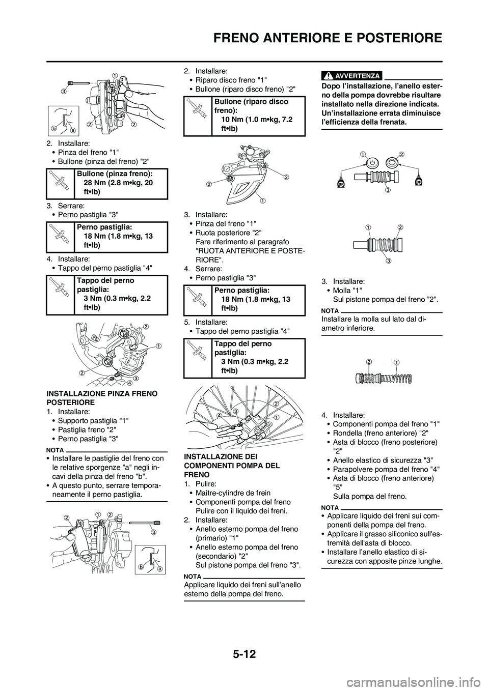YAMAHA YZ250F 2009 Manuale duso (in Italian) 5-12
FRENO ANTERIORE E POSTERIORE
2. Installare:
• Pinza del freno "1"
• Bullone (pinza del freno) "2"
3. Serrare:
• Perno pastiglia "3"
4. Installare:
• Tappo del perno pastiglia "4"
INSTALLA YAMAHA YZ250F 2009 Manuale duso (in Italian) 5-12
FRENO ANTERIORE E POSTERIORE
2. Installare:
• Pinza del freno "1"
• Bullone (pinza del freno) "2"
3. Serrare:
• Perno pastiglia "3"
4. Installare:
• Tappo del perno pastiglia "4"
INSTALLA