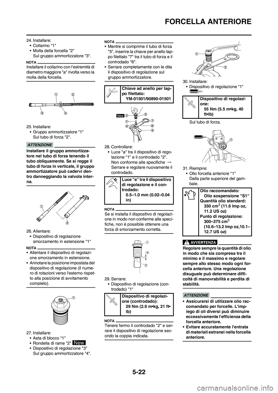 YAMAHA YZ250F 2009 Manuale duso (in Italian) 5-22
FORCELLA ANTERIORE
24. Installare:
•Collarino "1"
• Molla della forcella "2"
Sul gruppo ammortizzatore "3".
Installare il collarino con lestremità di
diametro maggiore "a" rivolta verso la YAMAHA YZ250F 2009 Manuale duso (in Italian) 5-22
FORCELLA ANTERIORE
24. Installare:
•Collarino "1"
• Molla della forcella "2"
Sul gruppo ammortizzatore "3".
Installare il collarino con lestremità di
diametro maggiore "a" rivolta verso la