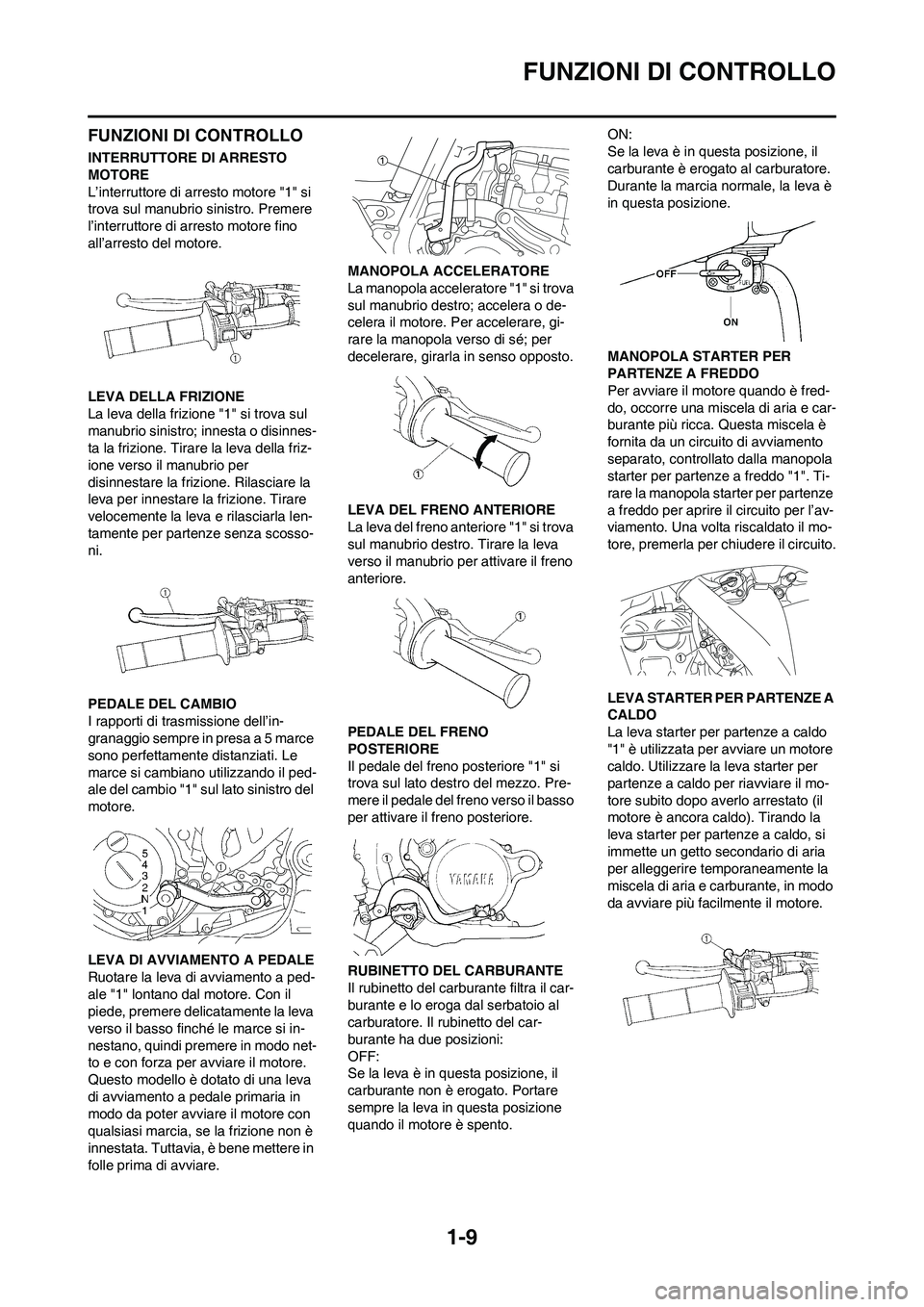 YAMAHA YZ250F 2009  Manuale duso (in Italian) 1-9
FUNZIONI DI CONTROLLO
FUNZIONI DI CONTROLLO
INTERRUTTORE DI ARRESTO 
MOTORE
L’interruttore di arresto motore "1" si 
trova sul manubrio sinistro. Premere 
l’interruttore di arresto motore fino