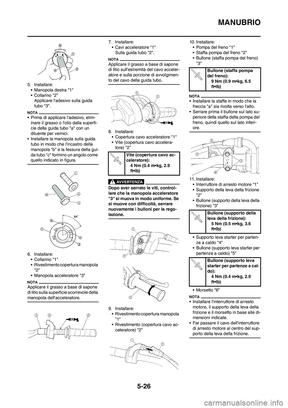 YAMAHA YZ250F 2009 Manuale duso (in Italian) 5-26
MANUBRIO
5. Installare:
• Manopola destra "1"
•Collarino "2"
Applicare ladesivo sulla guida
tubo "3".
• Prima di applicare ladesivo, elim-
inare il grasso o lolio dalla superfi-
cie del YAMAHA YZ250F 2009 Manuale duso (in Italian) 5-26
MANUBRIO
5. Installare:
• Manopola destra "1"
•Collarino "2"
Applicare ladesivo sulla guida
tubo "3".
• Prima di applicare ladesivo, elim-
inare il grasso o lolio dalla superfi-
cie del