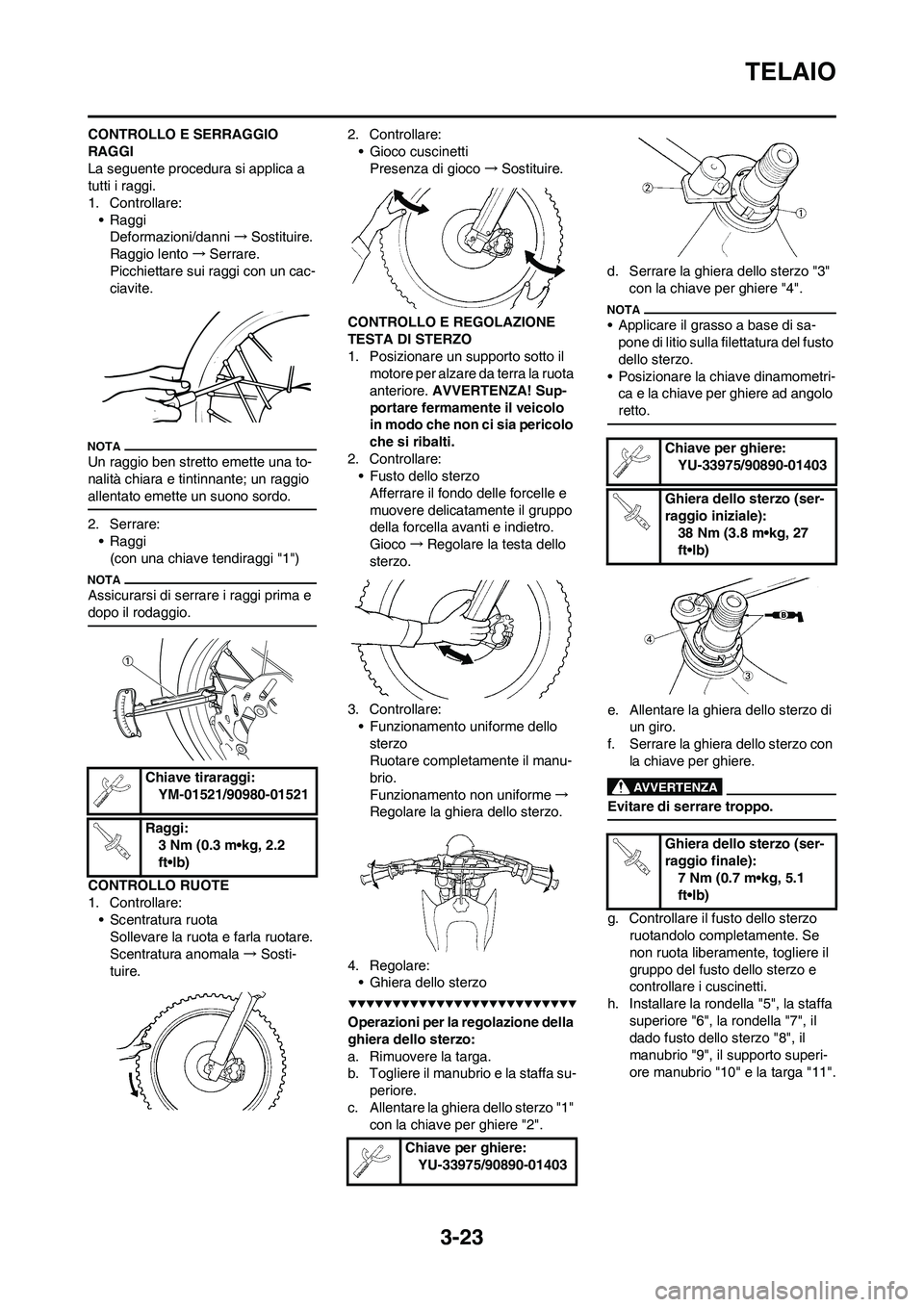 YAMAHA YZ250F 2009  Manuale duso (in Italian) 3-23
TELAIO
CONTROLLO E SERRAGGIO 
RAGGI
La seguente procedura si applica a 
tutti i raggi.
1. Controllare:
• Raggi
Deformazioni/danni→Sostituire.
Raggio lento →Serrare.
Picchiettare sui raggi c