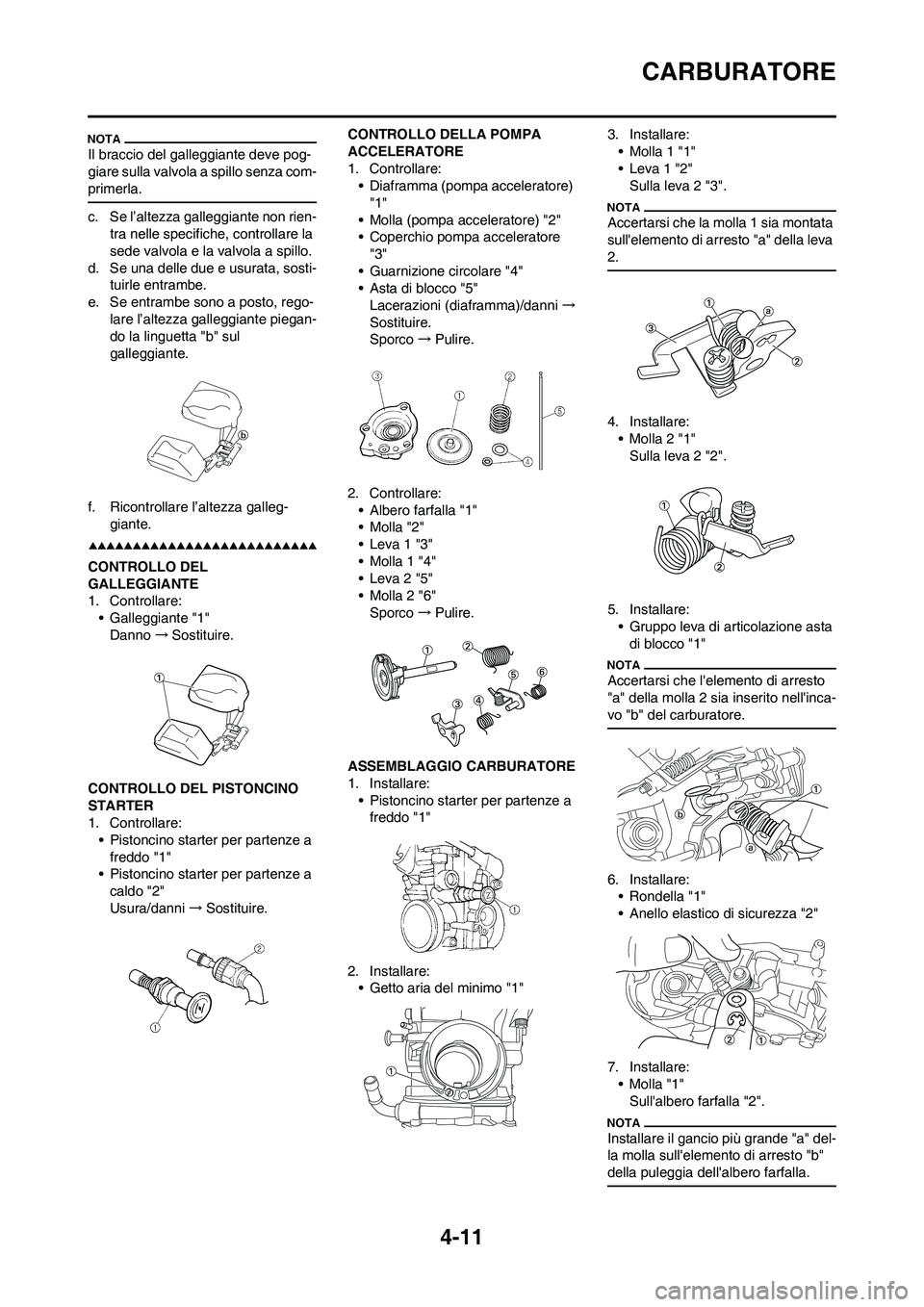 YAMAHA YZ250F 2009  Manuale duso (in Italian) 4-11
CARBURATORE
Il braccio del galleggiante deve pog-
giare sulla valvola a spillo senza com-
primerla.
c. Se l’altezza galleggiante non rien-
tra nelle specifiche, controllare la 
sede valvola e l