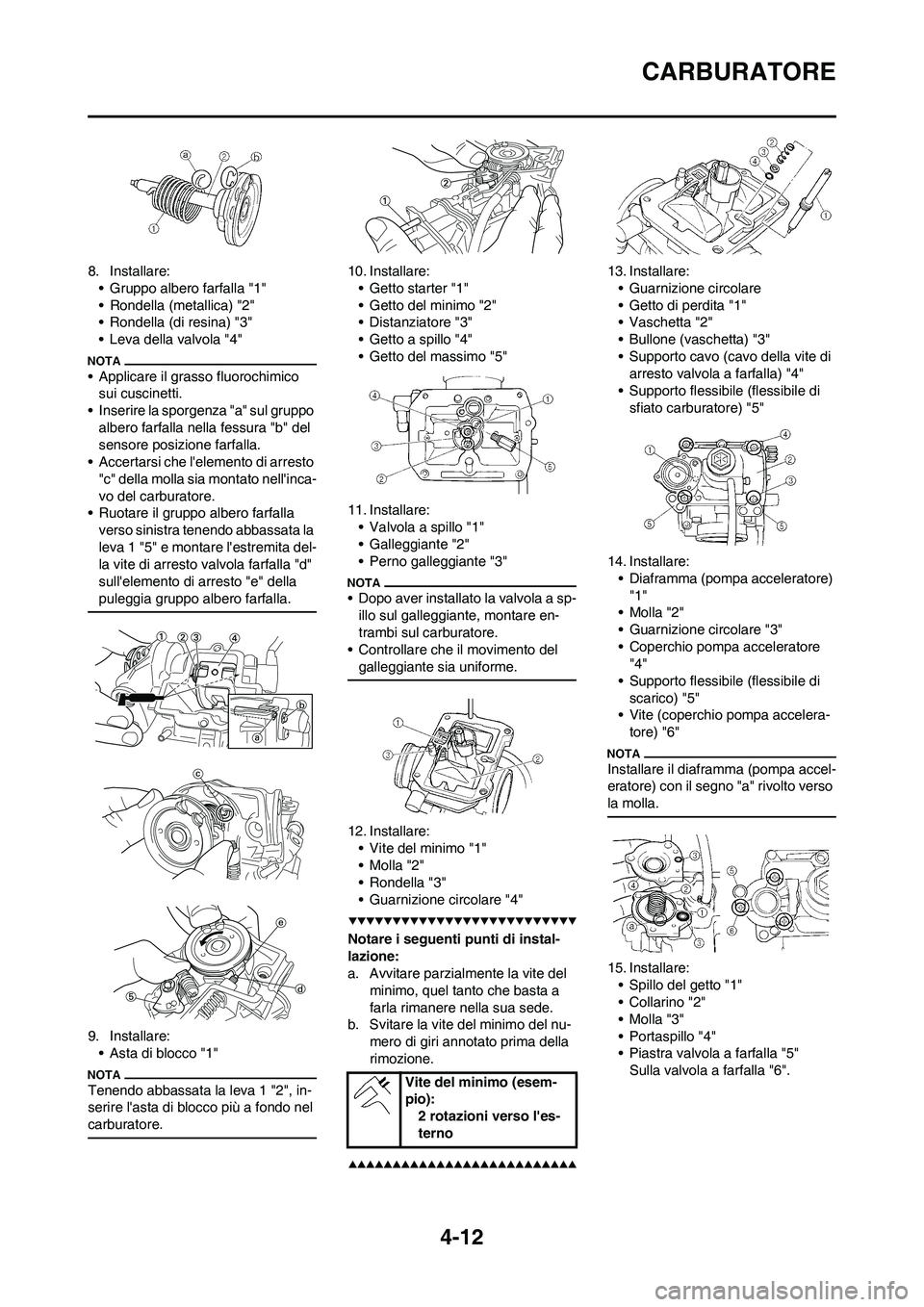 YAMAHA YZ250F 2009  Manuale duso (in Italian) 4-12
CARBURATORE
8. Installare:
• Gruppo albero farfalla "1"
• Rondella (metallica) "2"
• Rondella (di resina) "3"
• Leva della valvola "4"
• Applicare il grasso fluorochimico 
sui cuscinett