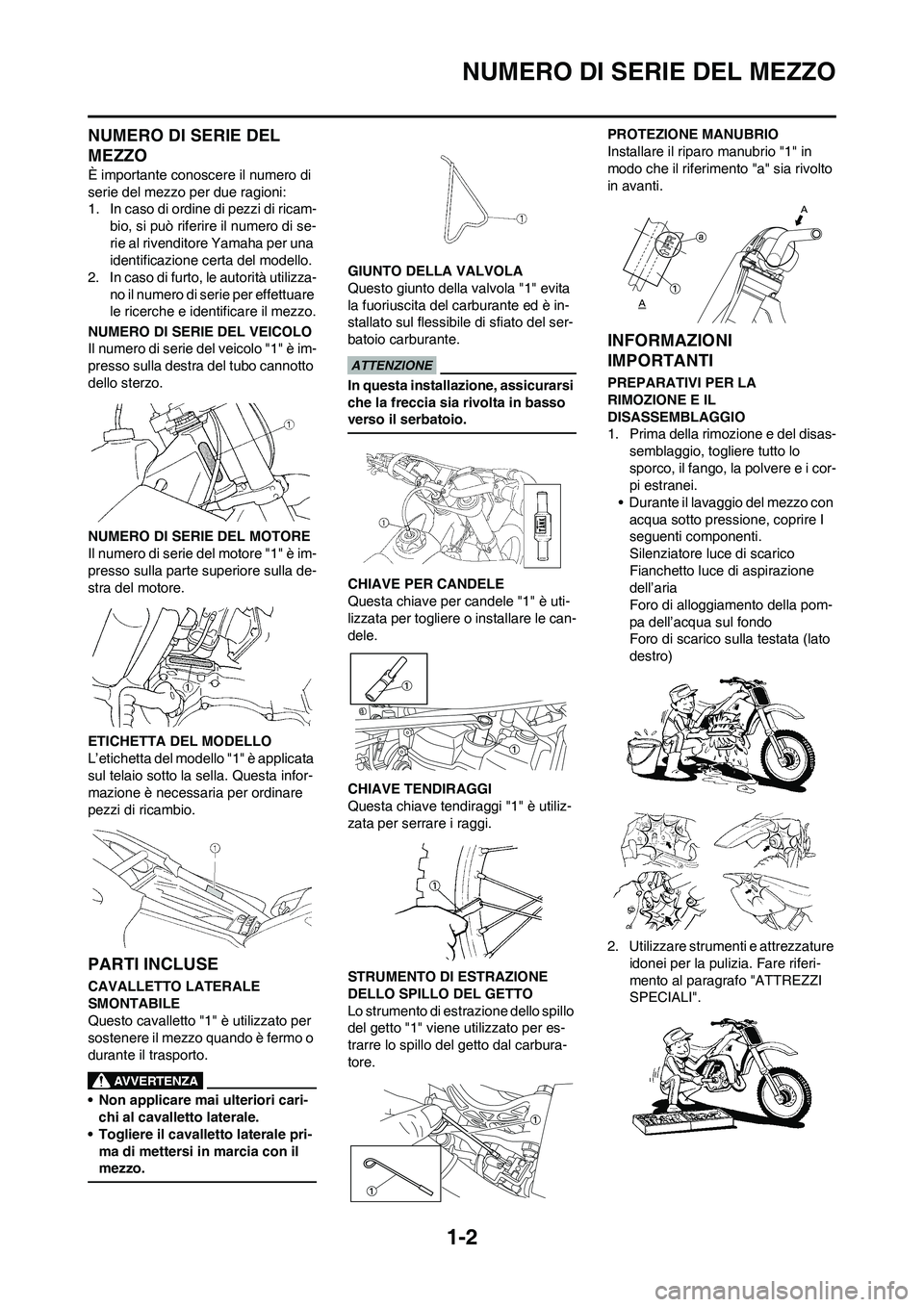 YAMAHA YZ250F 2009 Manuale duso (in Italian) 1-2
NUMERO DI SERIE DEL MEZZO
NUMERO DI SERIE DEL
MEZZO
È importante conoscere il numero di
serie del mezzo per due ragioni:
1. In caso di ordine di pezzi di ricam-
bio, si può riferire il numero YAMAHA YZ250F 2009 Manuale duso (in Italian) 1-2
NUMERO DI SERIE DEL MEZZO
NUMERO DI SERIE DEL
MEZZO
È importante conoscere il numero di
serie del mezzo per due ragioni:
1. In caso di ordine di pezzi di ricam-
bio, si può riferire il numero