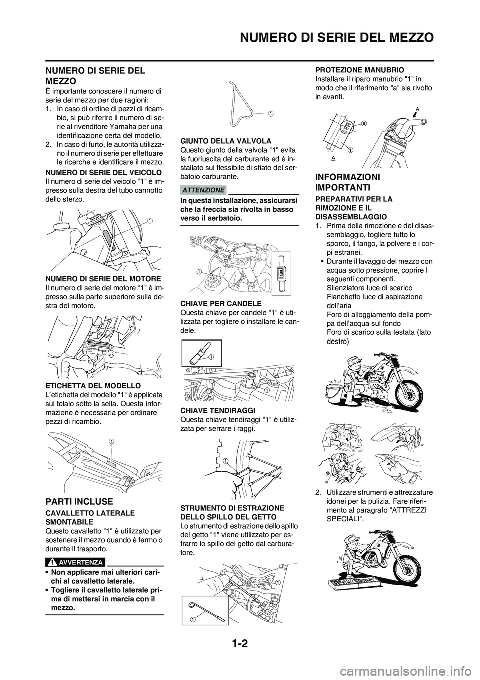 YAMAHA YZ250F 2009  Manuale duso (in Italian) 1-2
NUMERO DI SERIE DEL MEZZO
NUMERO DI SERIE DEL 
MEZZO
È importante conoscere il numero di 
serie del mezzo per due ragioni:
1. In caso di ordine di pezzi di ricam-
bio, si può riferire il numero 