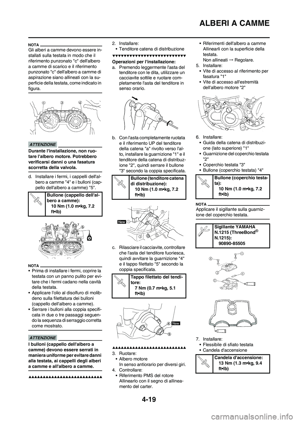 YAMAHA YZ250F 2009 Manuale duso (in Italian) 4-19
ALBERI A CAMME
Gli alberi a camme devono essere in-
stallati sulla testata in modo che il
riferimento punzonato "c" dellalbero
a camme di scarico e il riferimento
punzonato "c" dellalbero a YAMAHA YZ250F 2009 Manuale duso (in Italian) 4-19
ALBERI A CAMME
Gli alberi a camme devono essere in-
stallati sulla testata in modo che il
riferimento punzonato "c" dellalbero
a camme di scarico e il riferimento
punzonato "c" dellalbero a