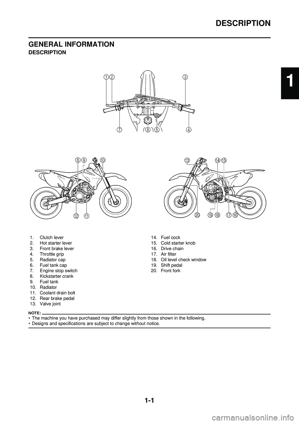 YAMAHA YZ250F 2008  Betriebsanleitungen (in German) 1-1
DESCRIPTION
GENERAL INFORMATION
DESCRIPTION
• The machine you have purchased may differ slightly from those shown in the following.
• Designs and specifications are subject to change without n