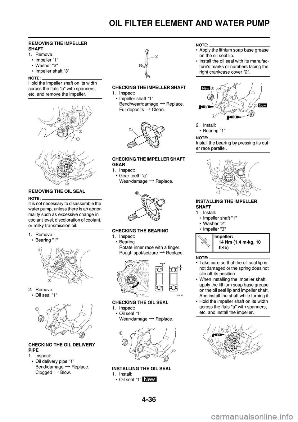 YAMAHA YZ250F 2008 Owners Manual 4-36
OIL FILTER ELEMENT AND WATER PUMP
REMOVING THE IMPELLER
SHAFT
1. Remove:•Impeller "1"
• Washer "2"
• Impeller shaft "3"
Hold the impeller shaft on its width
across the flats "a" with span YAMAHA YZ250F 2008 Owners Manual 4-36
OIL FILTER ELEMENT AND WATER PUMP
REMOVING THE IMPELLER
SHAFT
1. Remove:•Impeller "1"
• Washer "2"
• Impeller shaft "3"
Hold the impeller shaft on its width
across the flats "a" with span