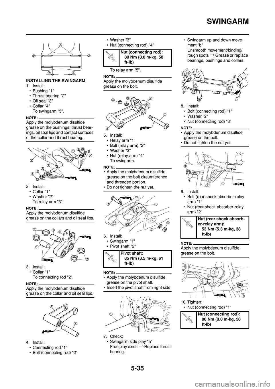 YAMAHA YZ250F 2008 Owners Manual 5-35
SWINGARM
INSTALLING THE SWINGARM
1. Install:• Bushing "1"
• Thrust bearing "2"
•Oil seal "3"
•Collar "4"To swingarm "5".
Apply the molybdenum disulfide
grease on the bushings, thrust bea YAMAHA YZ250F 2008 Owners Manual 5-35
SWINGARM
INSTALLING THE SWINGARM
1. Install:• Bushing "1"
• Thrust bearing "2"
•Oil seal "3"
•Collar "4"To swingarm "5".
Apply the molybdenum disulfide
grease on the bushings, thrust bea