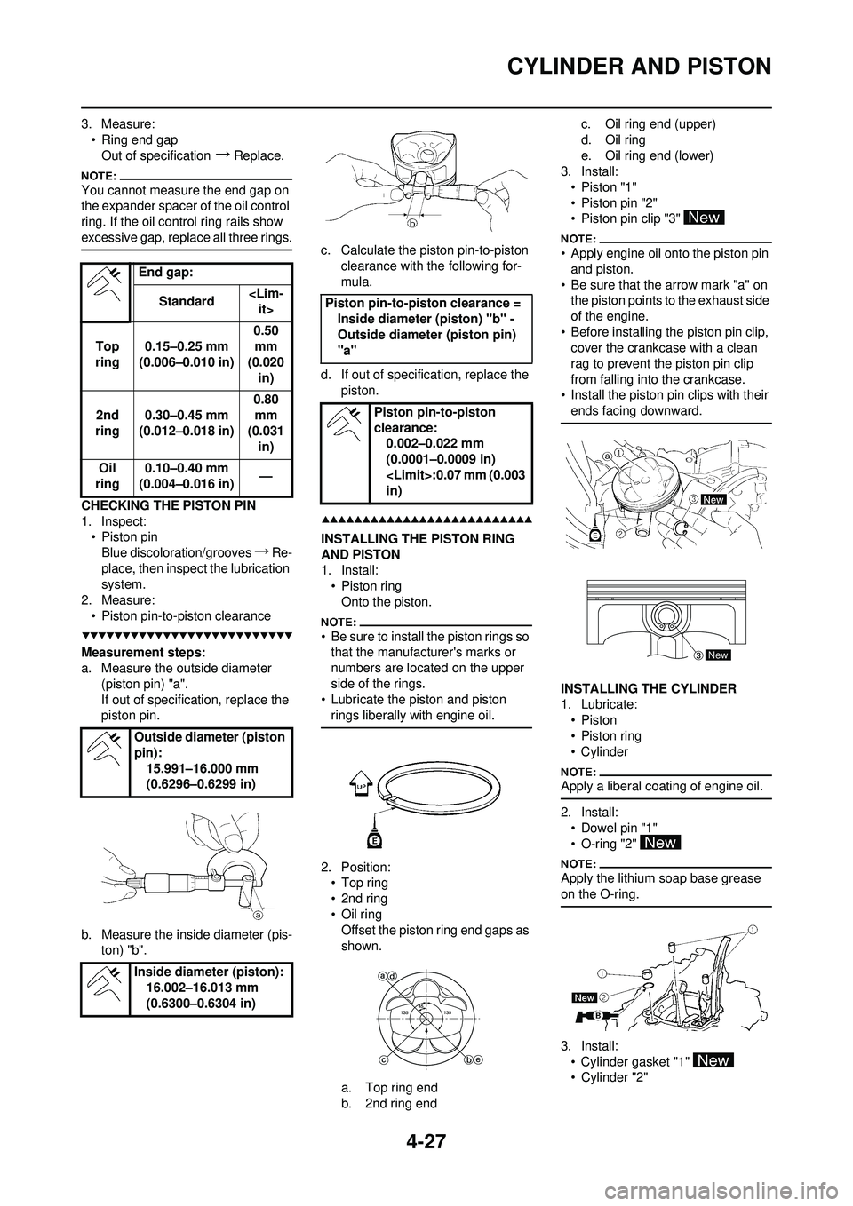 YAMAHA YZ250F 2008 Owners Manual 4-27
CYLINDER AND PISTON
3. Measure:• Ring end gapOut of specification
→Replace.
You cannot measure the end gap on
the expander spacer of the oil control
ring. If the oil control ring rails show YAMAHA YZ250F 2008 Owners Manual 4-27
CYLINDER AND PISTON
3. Measure:• Ring end gapOut of specification
→Replace.
You cannot measure the end gap on
the expander spacer of the oil control
ring. If the oil control ring rails show