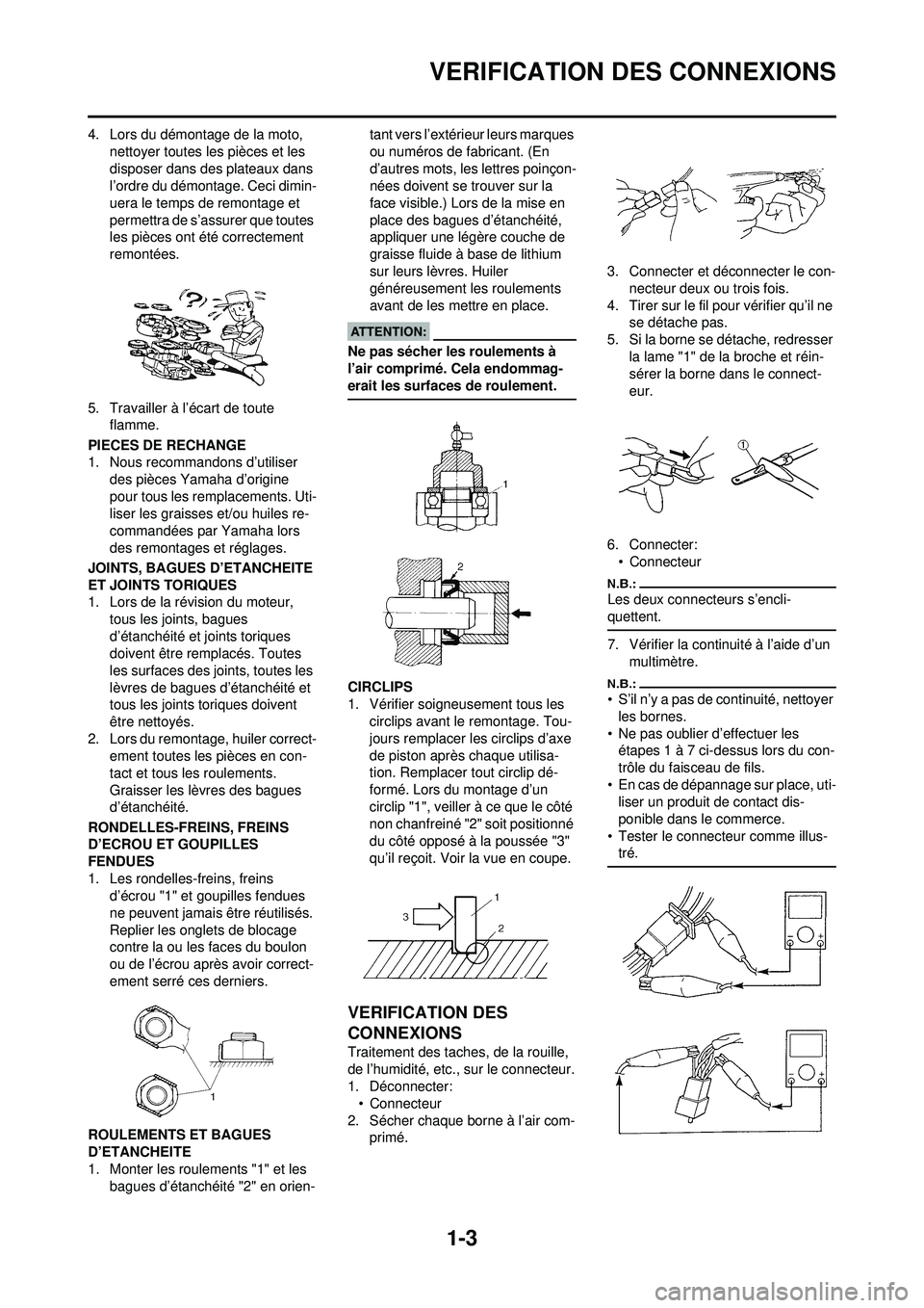 YAMAHA YZ250F 2008 Notices Demploi (in French) 1-3
VERIFICATION DES CONNEXIONS
4. Lors du démontage de la moto, nettoyer toutes les pièces et les
disposer dans des plateaux dans
l’ordre du démontage. Ceci dimin-
uera le temps de remontage e YAMAHA YZ250F 2008 Notices Demploi (in French) 1-3
VERIFICATION DES CONNEXIONS
4. Lors du démontage de la moto, nettoyer toutes les pièces et les
disposer dans des plateaux dans
l’ordre du démontage. Ceci dimin-
uera le temps de remontage e