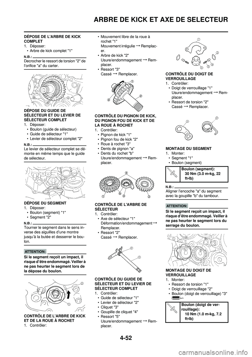 YAMAHA YZ250F 2008 Notices Demploi (in French) 4-52
ARBRE DE KICK ET AXE DE SELECTEUR
DÉPOSE DE LARBRE DE KICK
COMPLET
1. Déposer:• Arbre de kick complet "1"
Decrocher le ressort de torsion "2" de
l’orifice "a" du carter.
DÉPOSE DU GUIDE YAMAHA YZ250F 2008 Notices Demploi (in French) 4-52
ARBRE DE KICK ET AXE DE SELECTEUR
DÉPOSE DE LARBRE DE KICK
COMPLET
1. Déposer:• Arbre de kick complet "1"
Decrocher le ressort de torsion "2" de
l’orifice "a" du carter.
DÉPOSE DU GUIDE