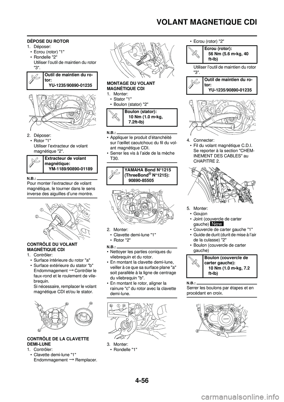 YAMAHA YZ250F 2008 Notices Demploi (in French) 4-56
VOLANT MAGNETIQUE CDI
DÉPOSE DU ROTOR
1. Déposer:• Ecrou (rotor) "1"
• Rondelle "2"Utiliser l’outil de maintien du rotor
"3".
2. Déposer: • Rotor "1"
Utiliser l’extracteur de volant YAMAHA YZ250F 2008 Notices Demploi (in French) 4-56
VOLANT MAGNETIQUE CDI
DÉPOSE DU ROTOR
1. Déposer:• Ecrou (rotor) "1"
• Rondelle "2"Utiliser l’outil de maintien du rotor
"3".
2. Déposer: • Rotor "1"
Utiliser l’extracteur de volant