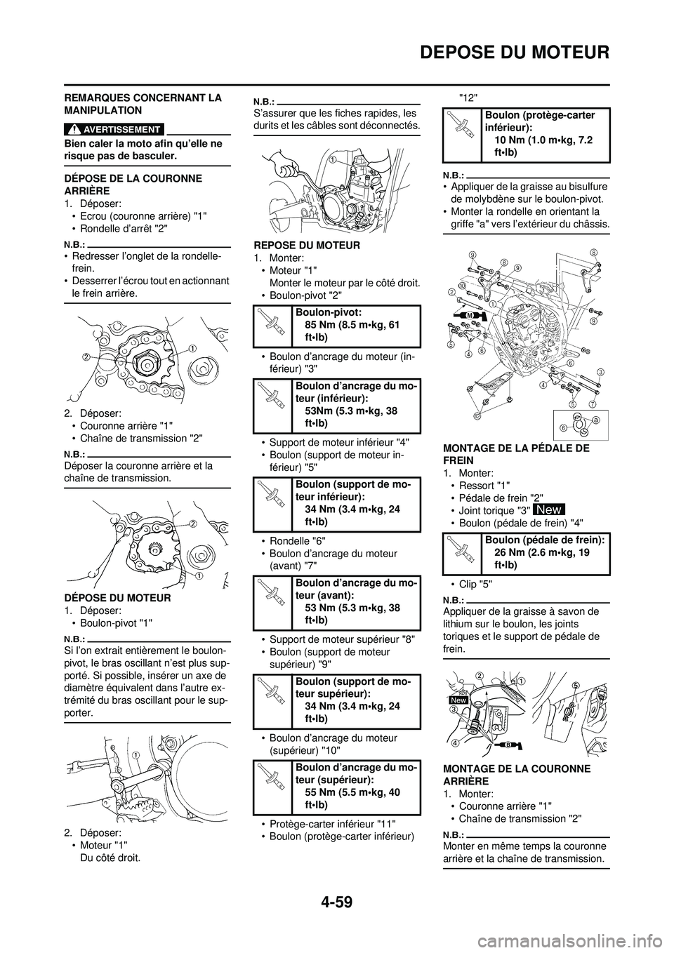 YAMAHA YZ250F 2008 Notices Demploi (in French) 4-59
DEPOSE DU MOTEUR
REMARQUES CONCERNANT LA
MANIPULATION
Bien caler la moto afin qu’elle ne
risque pas de basculer.
DÉPOSE DE LA COURONNE
ARRIÈRE
1. Déposer:• Ecrou (couronne arrière) "1" YAMAHA YZ250F 2008 Notices Demploi (in French) 4-59
DEPOSE DU MOTEUR
REMARQUES CONCERNANT LA
MANIPULATION
Bien caler la moto afin qu’elle ne
risque pas de basculer.
DÉPOSE DE LA COURONNE
ARRIÈRE
1. Déposer:• Ecrou (couronne arrière) "1"