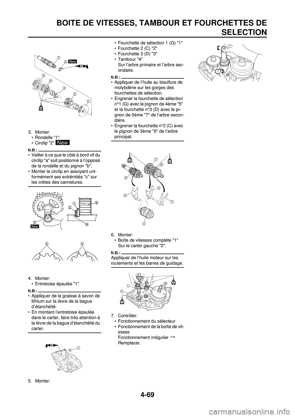 YAMAHA YZ250F 2008 Notices Demploi (in French) 4-69
BOITE DE VITESSES, TAMBOUR ET FOURCHETTES DESELECTION
3. Monter:
• Rondelle "1"
• Circlip "2"
• Veiller à ce que le côté à bord vif du
circlip "a" soit positionné à l’opposé
de YAMAHA YZ250F 2008 Notices Demploi (in French) 4-69
BOITE DE VITESSES, TAMBOUR ET FOURCHETTES DESELECTION
3. Monter:
• Rondelle "1"
• Circlip "2"
• Veiller à ce que le côté à bord vif du
circlip "a" soit positionné à l’opposé
de