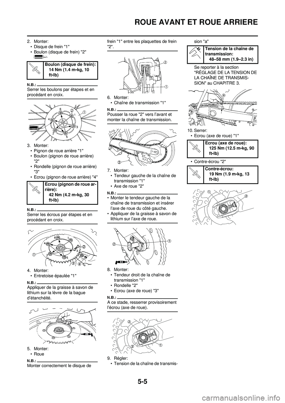 YAMAHA YZ250F 2008 Notices Demploi (in French) 5-5
ROUE AVANT ET ROUE ARRIERE
2. Monter:• Disque de frein "1"
• Boulon (disque de frein) "2"
Serrer les boulons par étapes et en
procédant en croix.
3. Monter:• Pignon de roue arrière "1"
YAMAHA YZ250F 2008 Notices Demploi (in French) 5-5
ROUE AVANT ET ROUE ARRIERE
2. Monter:• Disque de frein "1"
• Boulon (disque de frein) "2"
Serrer les boulons par étapes et en
procédant en croix.
3. Monter:• Pignon de roue arrière "1"