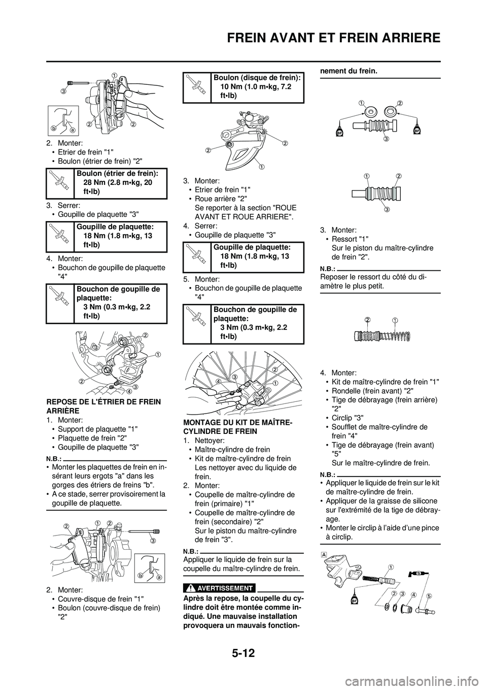 YAMAHA YZ250F 2008 Notices Demploi (in French) 5-12
FREIN AVANT ET FREIN ARRIERE
2. Monter:• Etrier de frein "1"
• Boulon (étrier de frein) "2"
3. Serrer: • Goupille de plaquette "3"
4. Monter: • Bouchon de goupille de plaquette "4"
REPOS YAMAHA YZ250F 2008 Notices Demploi (in French) 5-12
FREIN AVANT ET FREIN ARRIERE
2. Monter:• Etrier de frein "1"
• Boulon (étrier de frein) "2"
3. Serrer: • Goupille de plaquette "3"
4. Monter: • Bouchon de goupille de plaquette "4"
REPOS