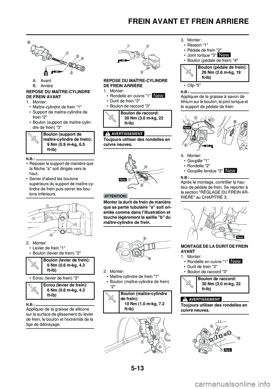 YAMAHA YZ250F 2008 Notices Demploi (in French) 5-13
FREIN AVANT ET FREIN ARRIERE
A. Avant
B. Arrière
REPOSE DU MAÃŽTRE-CYLINDRE
DE FREIN AVANT
1. Monter: • Maître-cylindre de frein "1"
• Support de maître-cylindre de
frein "2"
• Boulon YAMAHA YZ250F 2008 Notices Demploi (in French) 5-13
FREIN AVANT ET FREIN ARRIERE
A. Avant
B. Arrière
REPOSE DU MAÃŽTRE-CYLINDRE
DE FREIN AVANT
1. Monter: • Maître-cylindre de frein "1"
• Support de maître-cylindre de
frein "2"
• Boulon