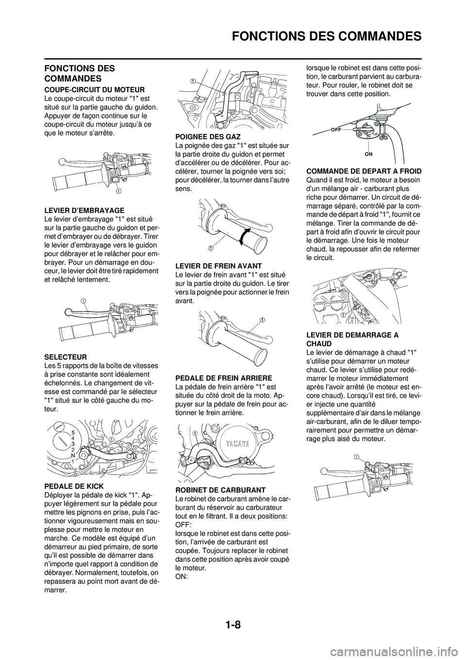 YAMAHA YZ250F 2008 Notices Demploi (in French) 1-8
FONCTIONS DES COMMANDES
FONCTIONS DES
COMMANDES
COUPE-CIRCUIT DU MOTEUR
Le coupe-circuit du moteur "1" est
situé sur la partie gauche du guidon.
Appuyer de façon continue sur le
coupe-circui YAMAHA YZ250F 2008 Notices Demploi (in French) 1-8
FONCTIONS DES COMMANDES
FONCTIONS DES
COMMANDES
COUPE-CIRCUIT DU MOTEUR
Le coupe-circuit du moteur "1" est
situé sur la partie gauche du guidon.
Appuyer de façon continue sur le
coupe-circui