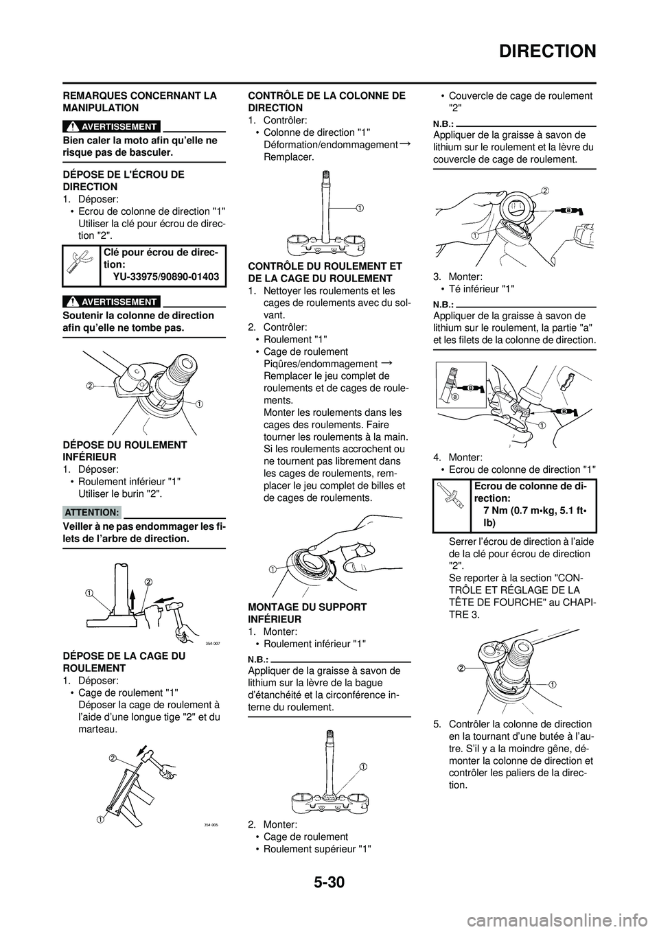 YAMAHA YZ250F 2008 Notices Demploi (in French) 5-30
DIRECTION
REMARQUES CONCERNANT LA
MANIPULATION
Bien caler la moto afin qu’elle ne
risque pas de basculer.
DÉPOSE DE LÉCROU DE
DIRECTION
1. Déposer:• Ecrou de colonne de direction "1"Ut YAMAHA YZ250F 2008 Notices Demploi (in French) 5-30
DIRECTION
REMARQUES CONCERNANT LA
MANIPULATION
Bien caler la moto afin qu’elle ne
risque pas de basculer.
DÉPOSE DE LÉCROU DE
DIRECTION
1. Déposer:• Ecrou de colonne de direction "1"Ut