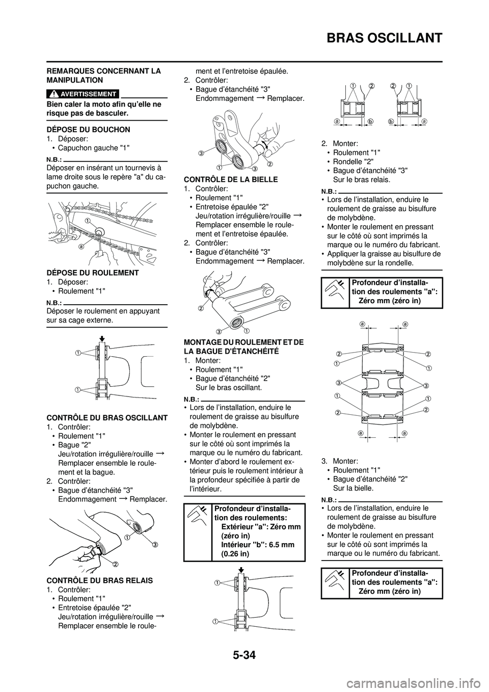 YAMAHA YZ250F 2008 Notices Demploi (in French) 5-34
BRAS OSCILLANT
REMARQUES CONCERNANT LA
MANIPULATION
Bien caler la moto afin qu’elle ne
risque pas de basculer.
DÉPOSE DU BOUCHON
1. Déposer:• Capuchon gauche "1"
Déposer en insérant un YAMAHA YZ250F 2008 Notices Demploi (in French) 5-34
BRAS OSCILLANT
REMARQUES CONCERNANT LA
MANIPULATION
Bien caler la moto afin qu’elle ne
risque pas de basculer.
DÉPOSE DU BOUCHON
1. Déposer:• Capuchon gauche "1"
Déposer en insérant un